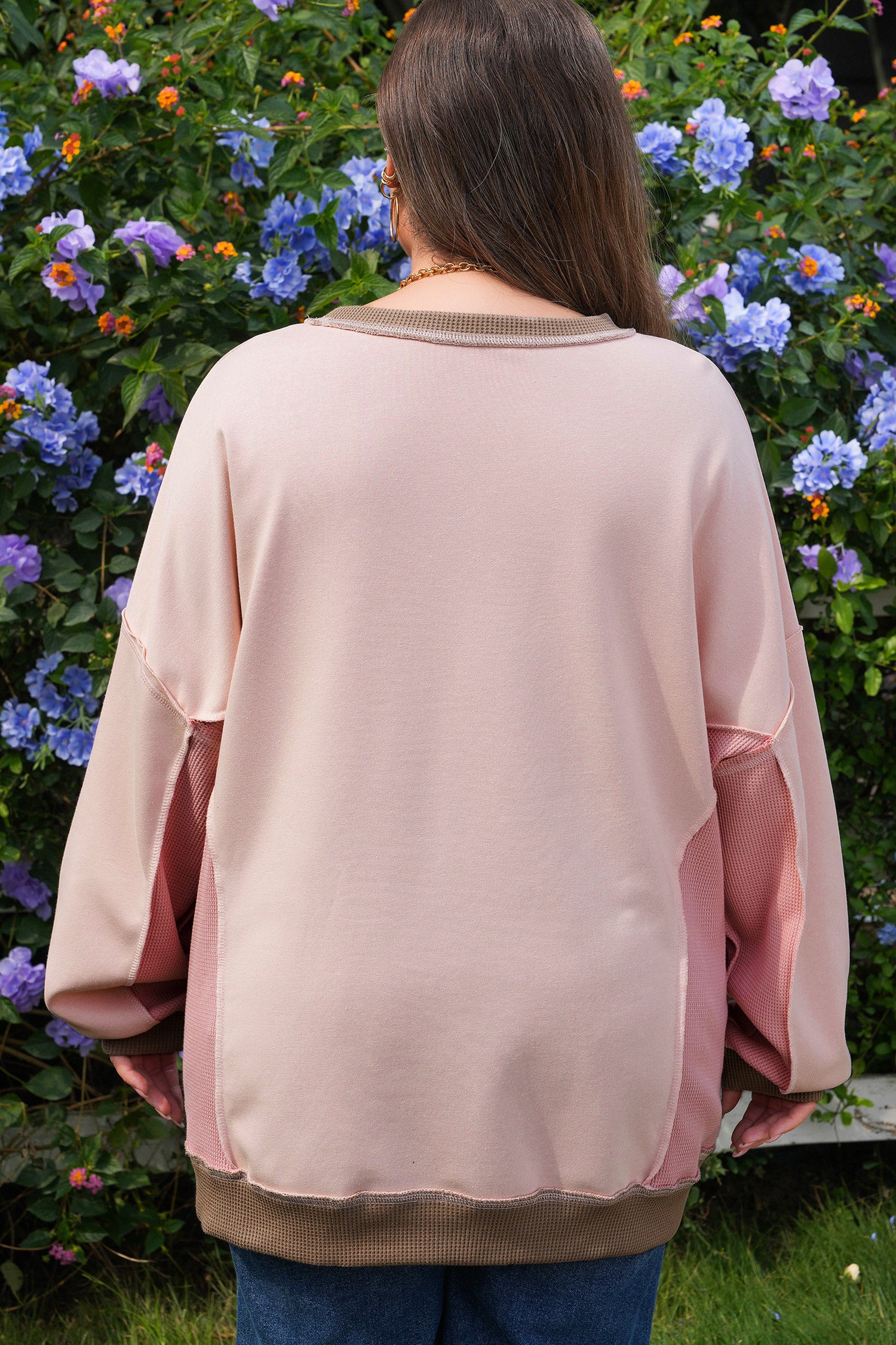Light Pink Color Block Mix Texture Waffle Patchwork Oversize Sweatshirt
