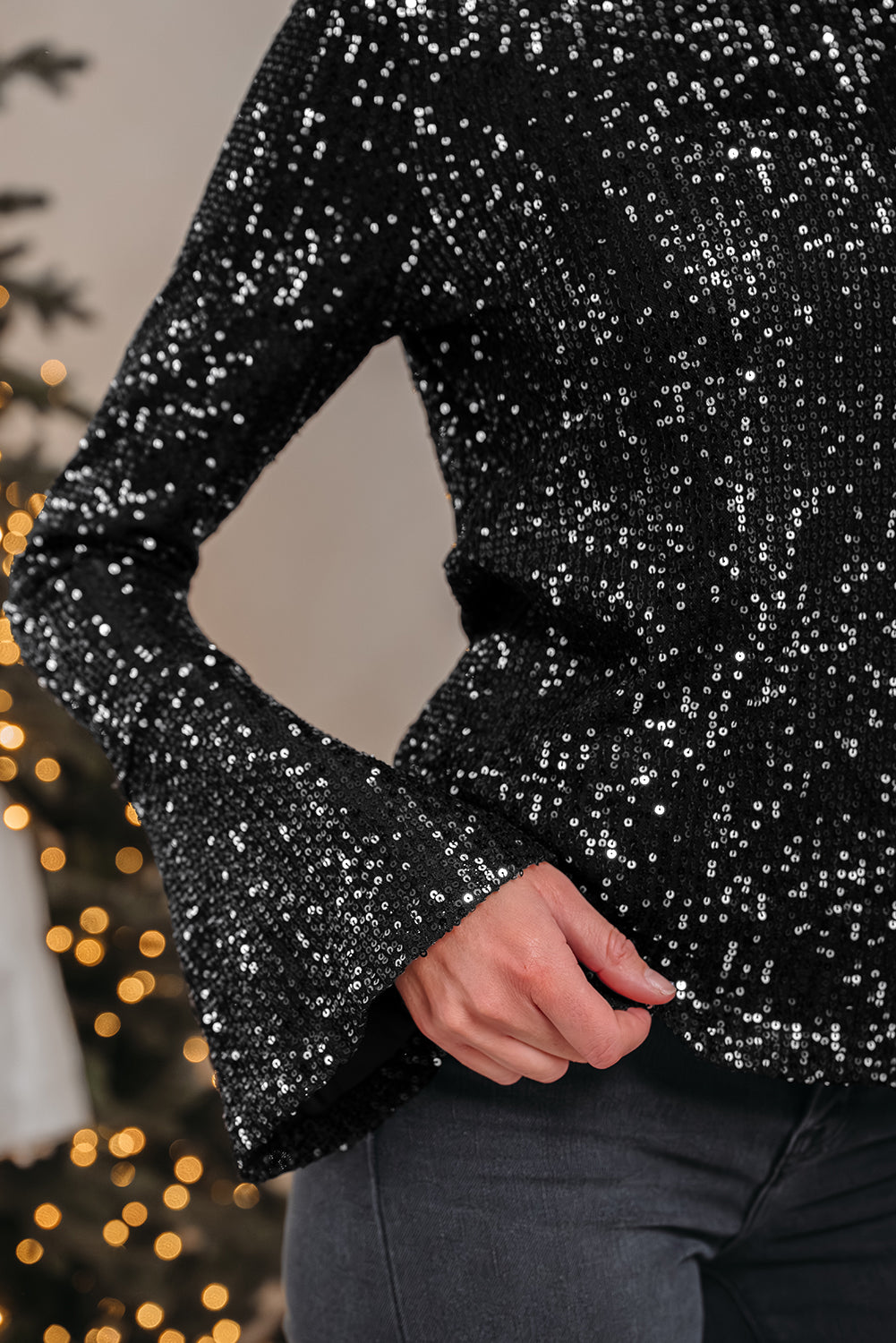 Jet Stream Sequin Mock Neck Drape Open Back Bell Sleeve Top