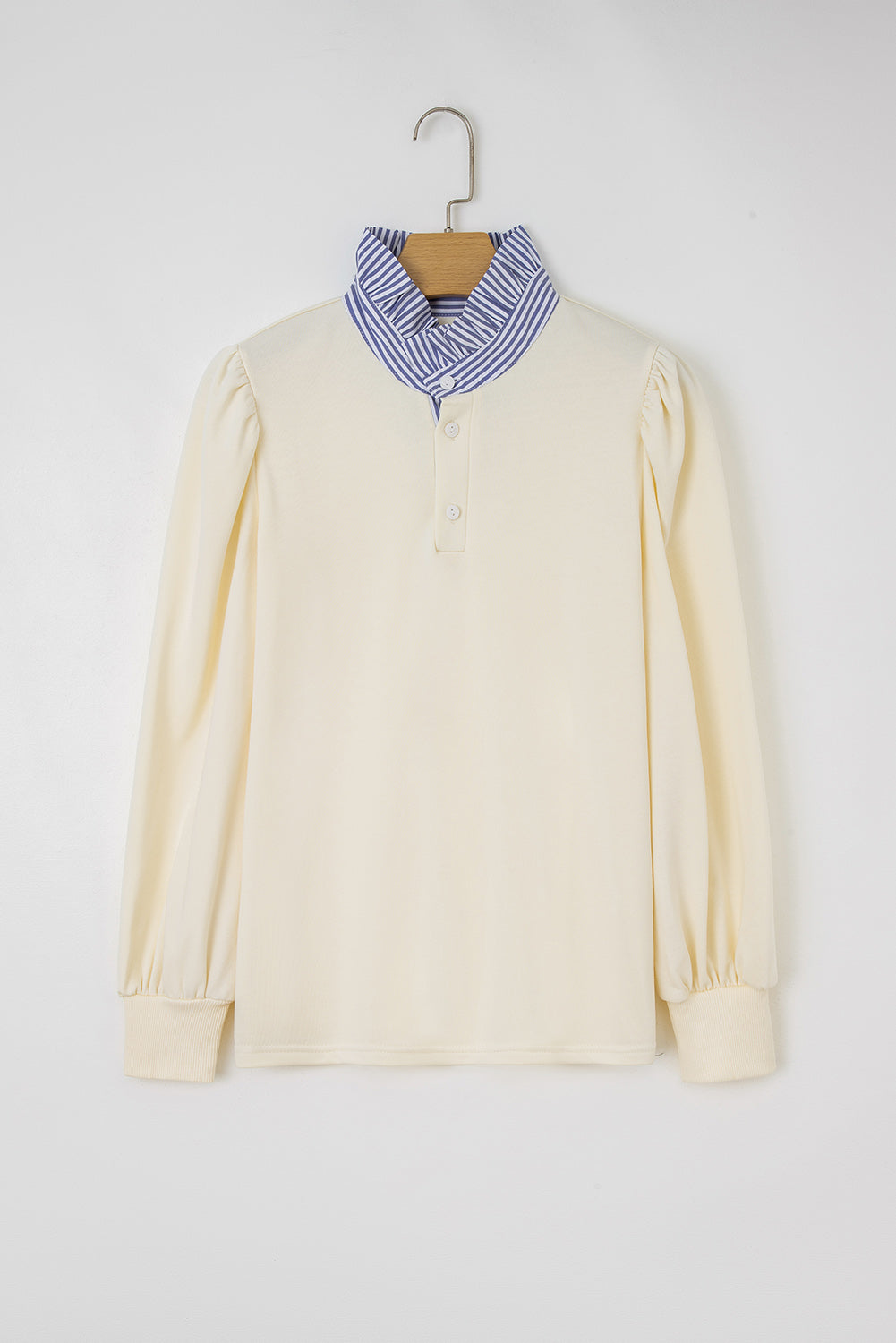 Bonbon Button Striped Collar Patchwork Puff Sleeve Sweatshirt