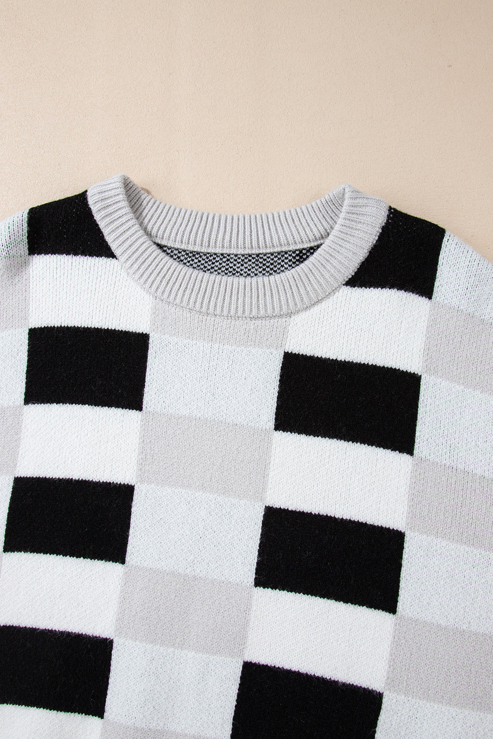 Khaki Checkered Ribbed Edge O Neck Drop Shoulder Sweater