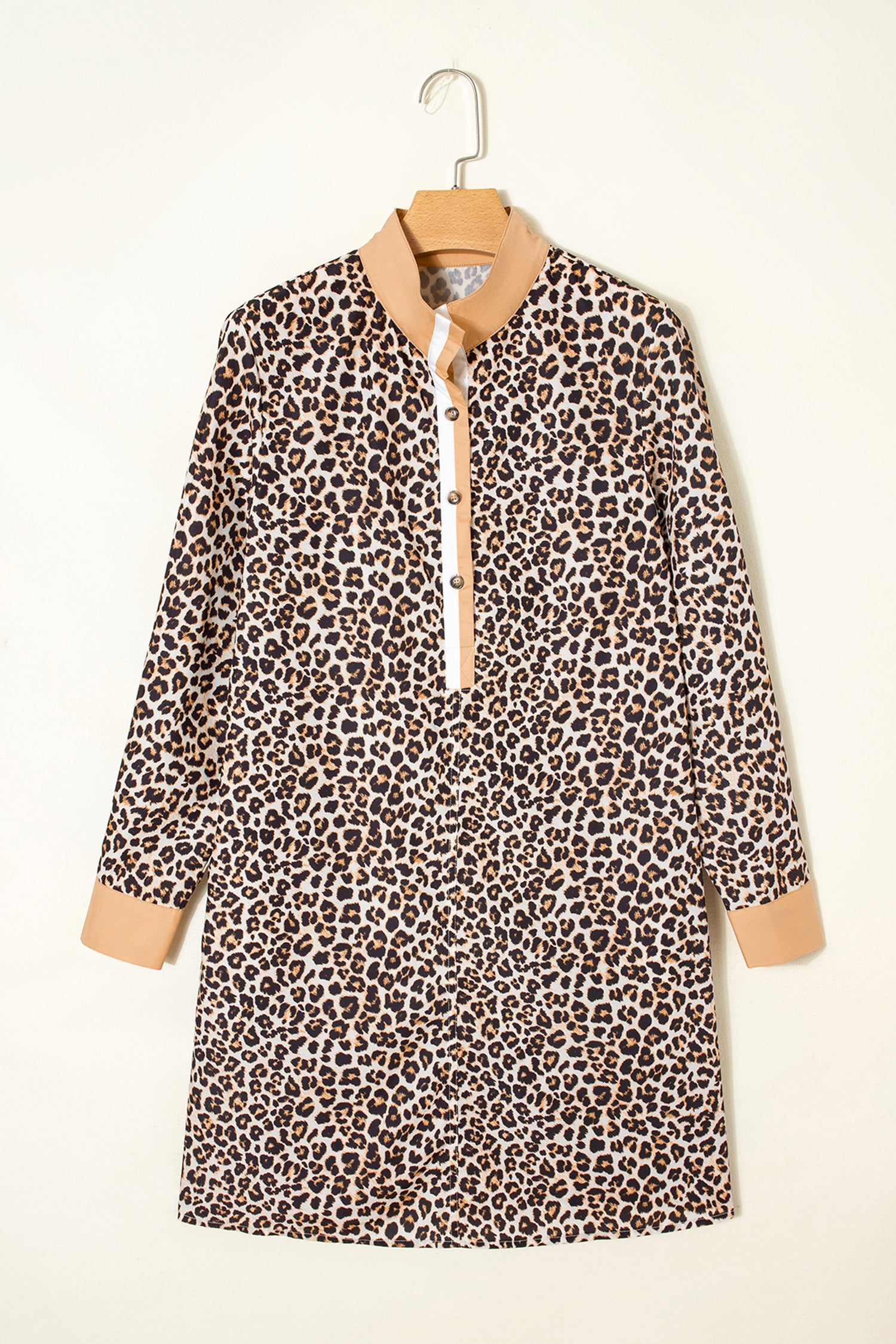Multicolour Button Striped Collar Leopard Print Long Sleeve Flared Dress