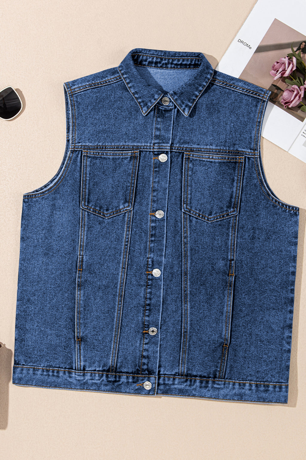 Dark Blue Tailor Seam Detail Button Down Denim Vest