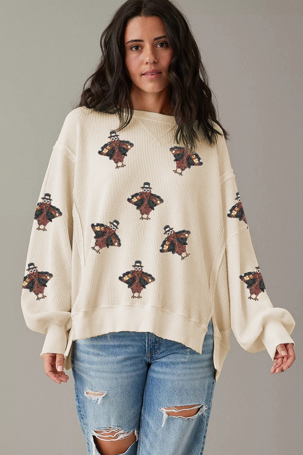 White Waffle knit Bishop Sleeve Split Oversized Top