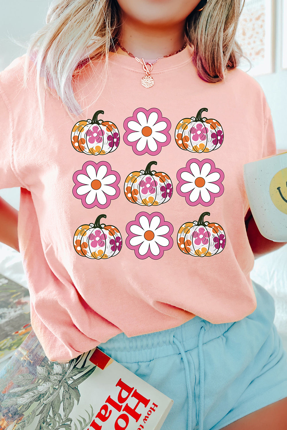 Pink Floral Pumpkin Thanksgiving Holiday Funny Graphic T Shirt