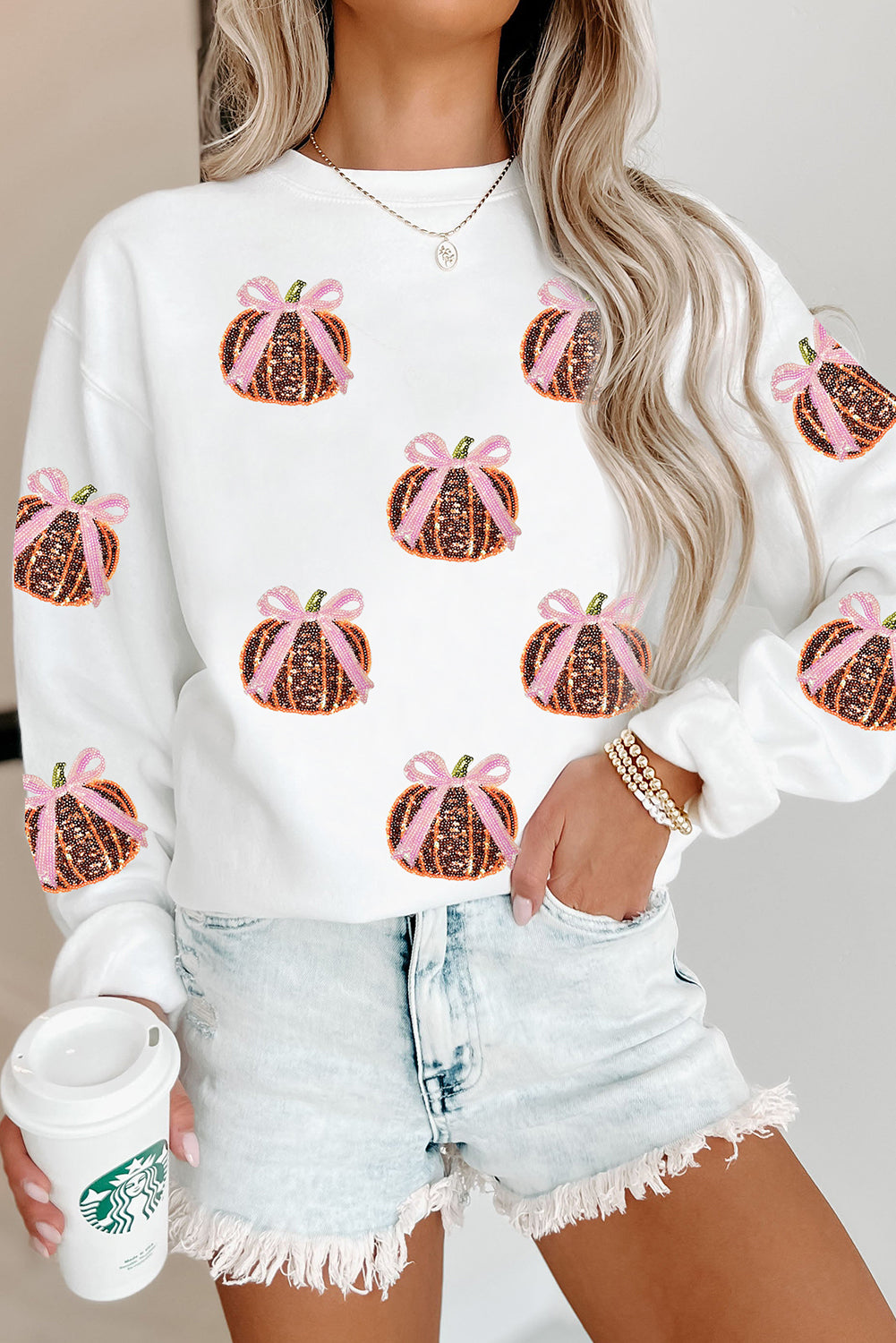 White Colorful Pumpkin Sequin Patched Drop Shoulder Sweatshirt
