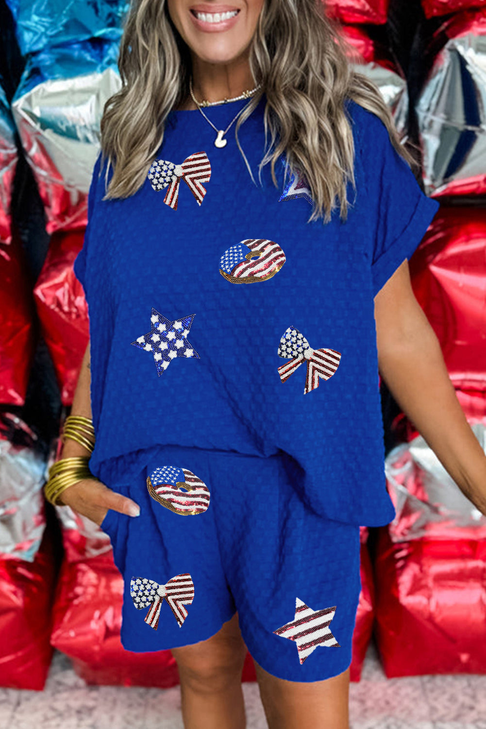 Sky Blue Flag Pattern Sequined Bows Donuts Loose 2pcs Shorts Set