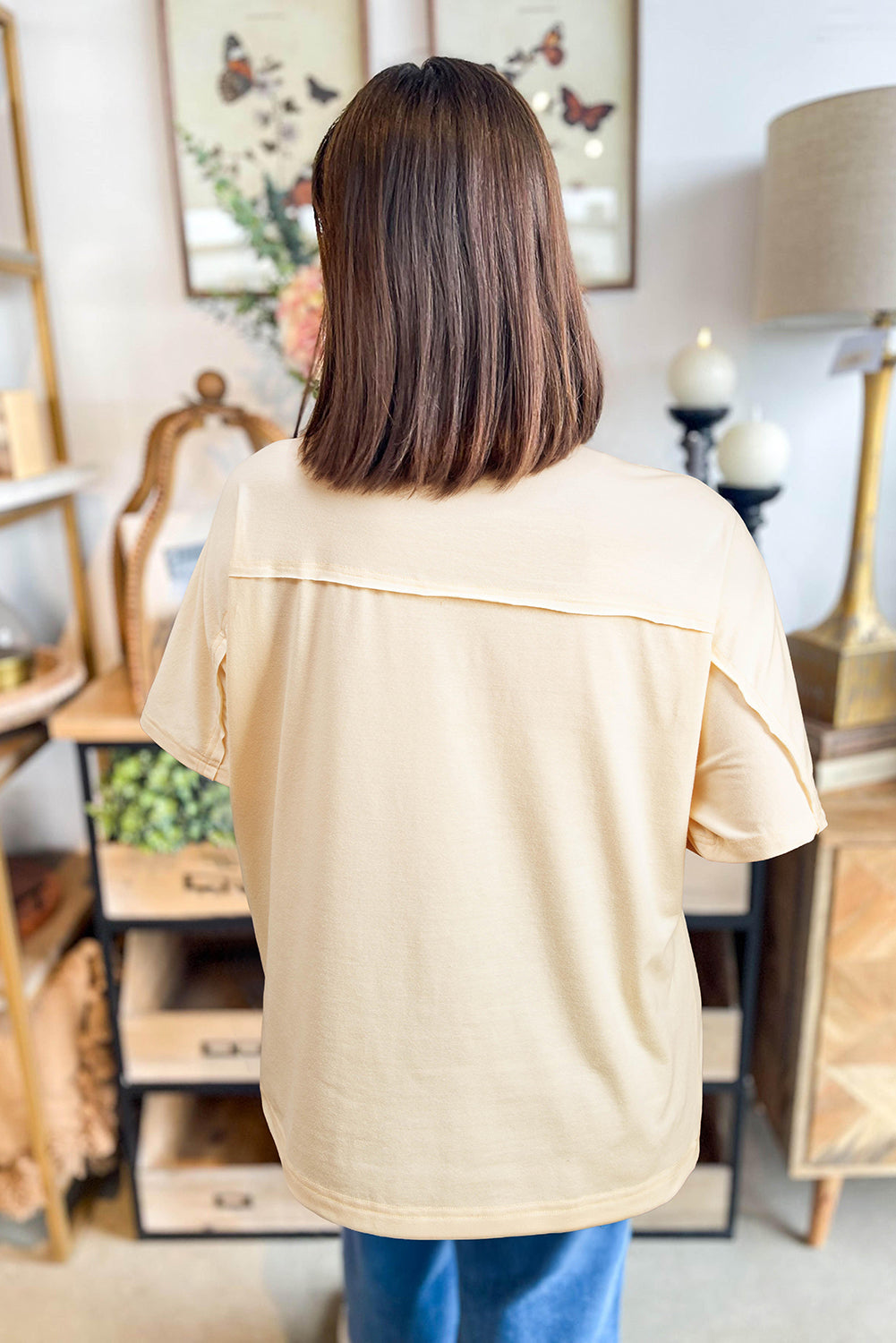 Apricot Flower Patched Exposed Stitching Trim Crew Neck Loose Tee