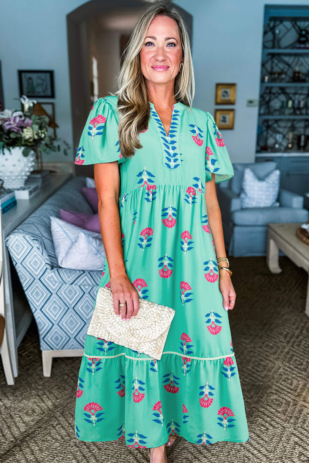 Blue Floral Print Notched Neck Butterfly Sleeve Shift Long Dress
