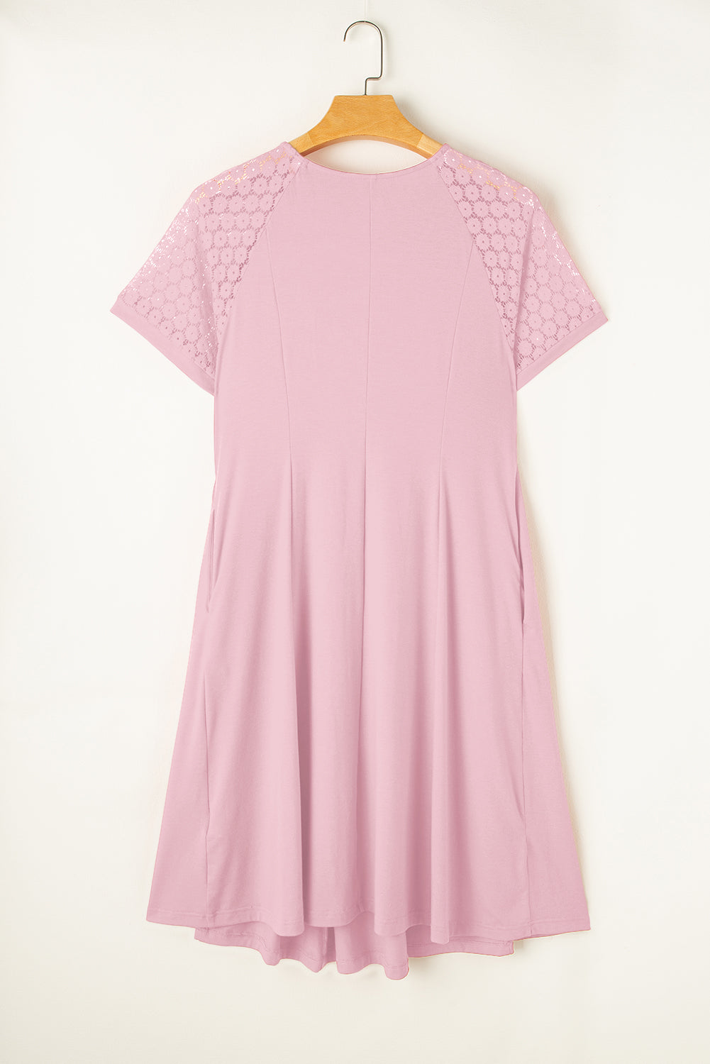Light Pink Plus Size Solid Color Lace Short Sleeve Pleated Swing Dress