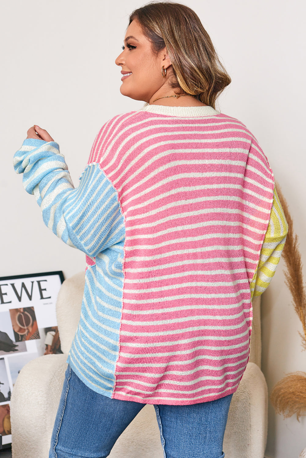 Multicolour Color Block Striped Patchwork Dolman Sleeve Slit Sweater