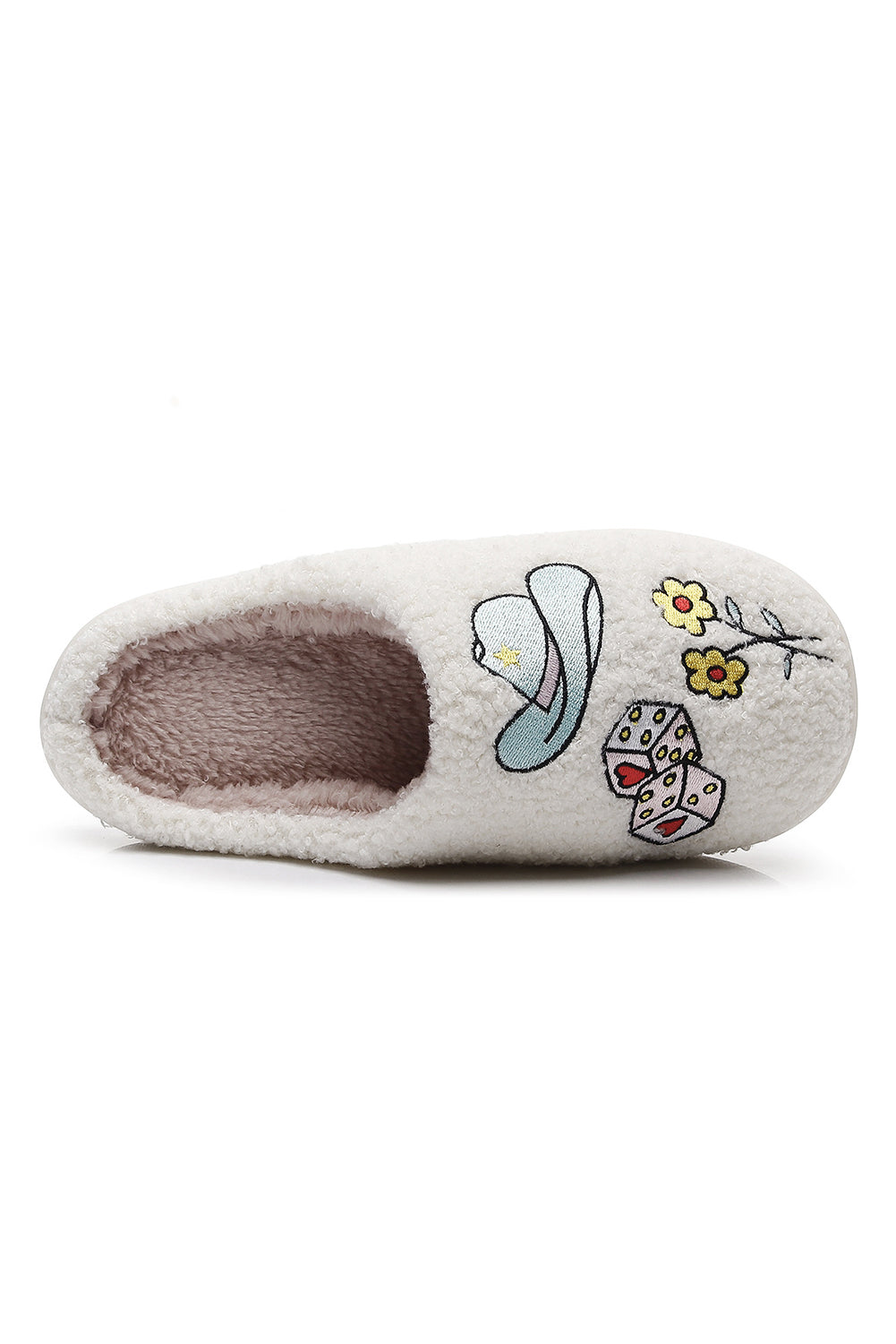 White Asymmetric Embroidered Pattern Cowgirl Plush House Slippers