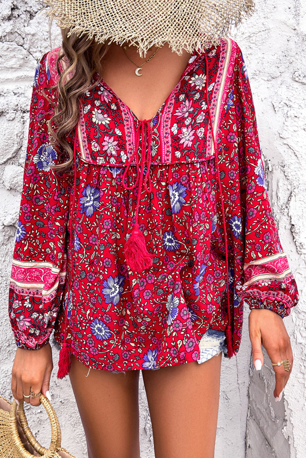 Blue Bohemian Floral Print Tassel Tie Front Long Sleeve Blouse