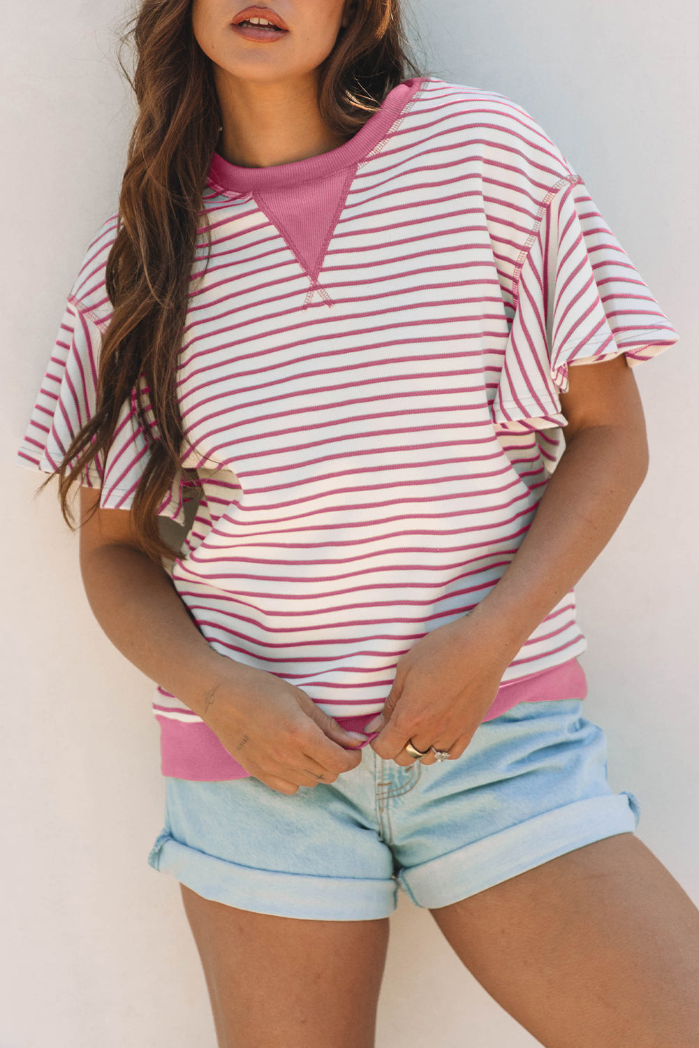 Bright Green Contrast Detail Striped Ruffle Short Sleeve Top