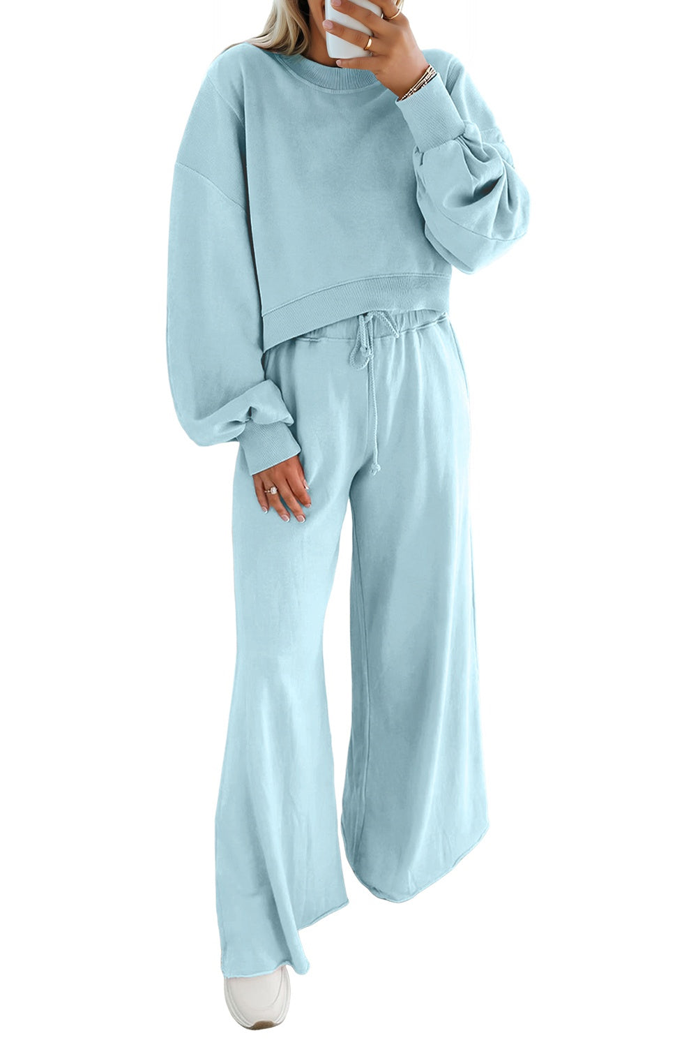 Bright Green Drop Shoulder Puff Sleeve Crop Pullover Drawstring Wide Leg Pants Set
