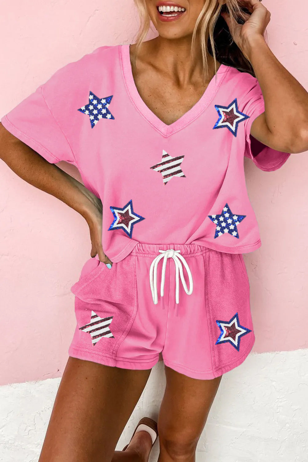 Mint Green V Neck Drop Shoulder Tee and Patchwork Drawstring Elastic Waistband Shorts Set