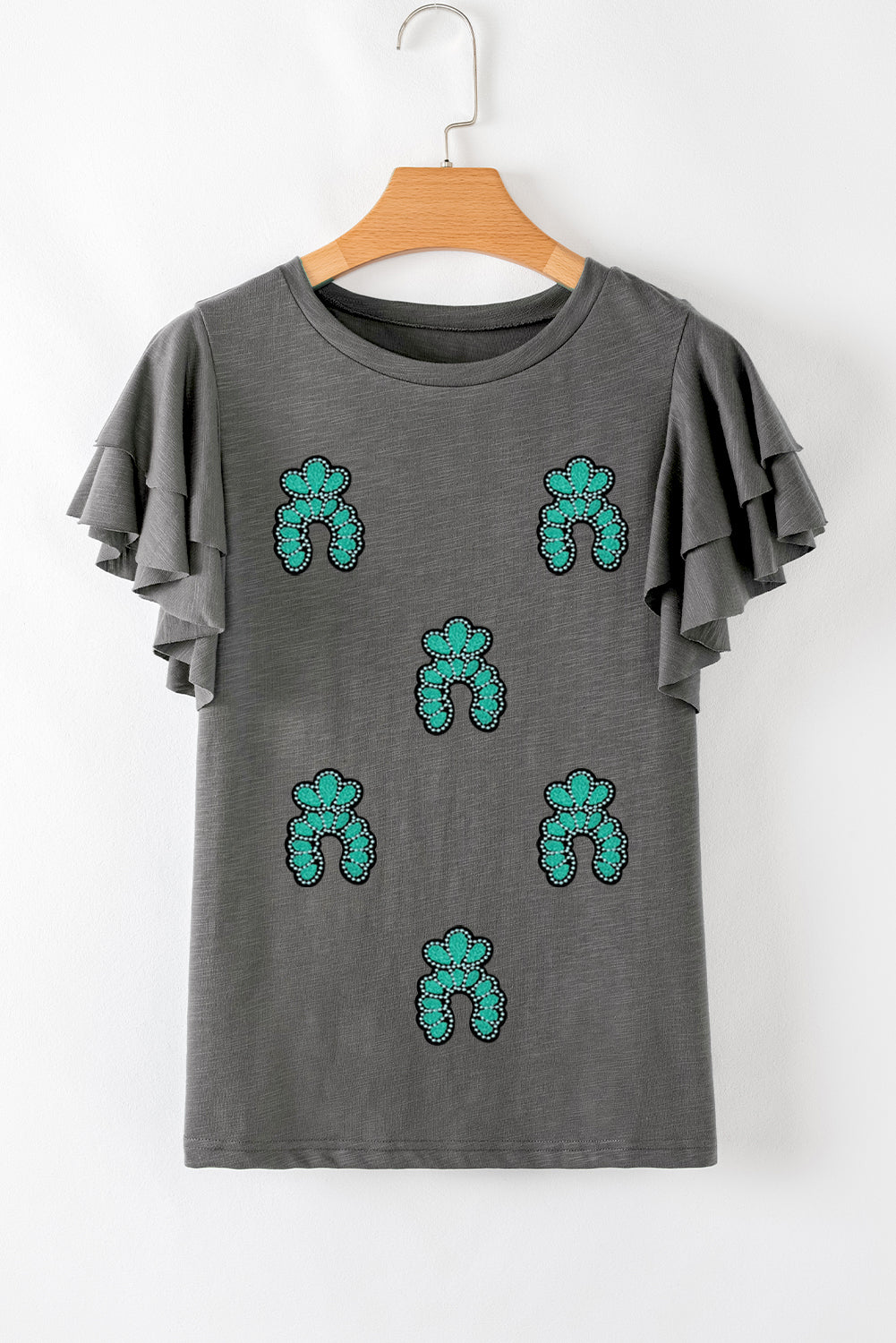 Dark Grey Sequin Turquoise Pattern Ruffle Sleeve Cowgirl Tee