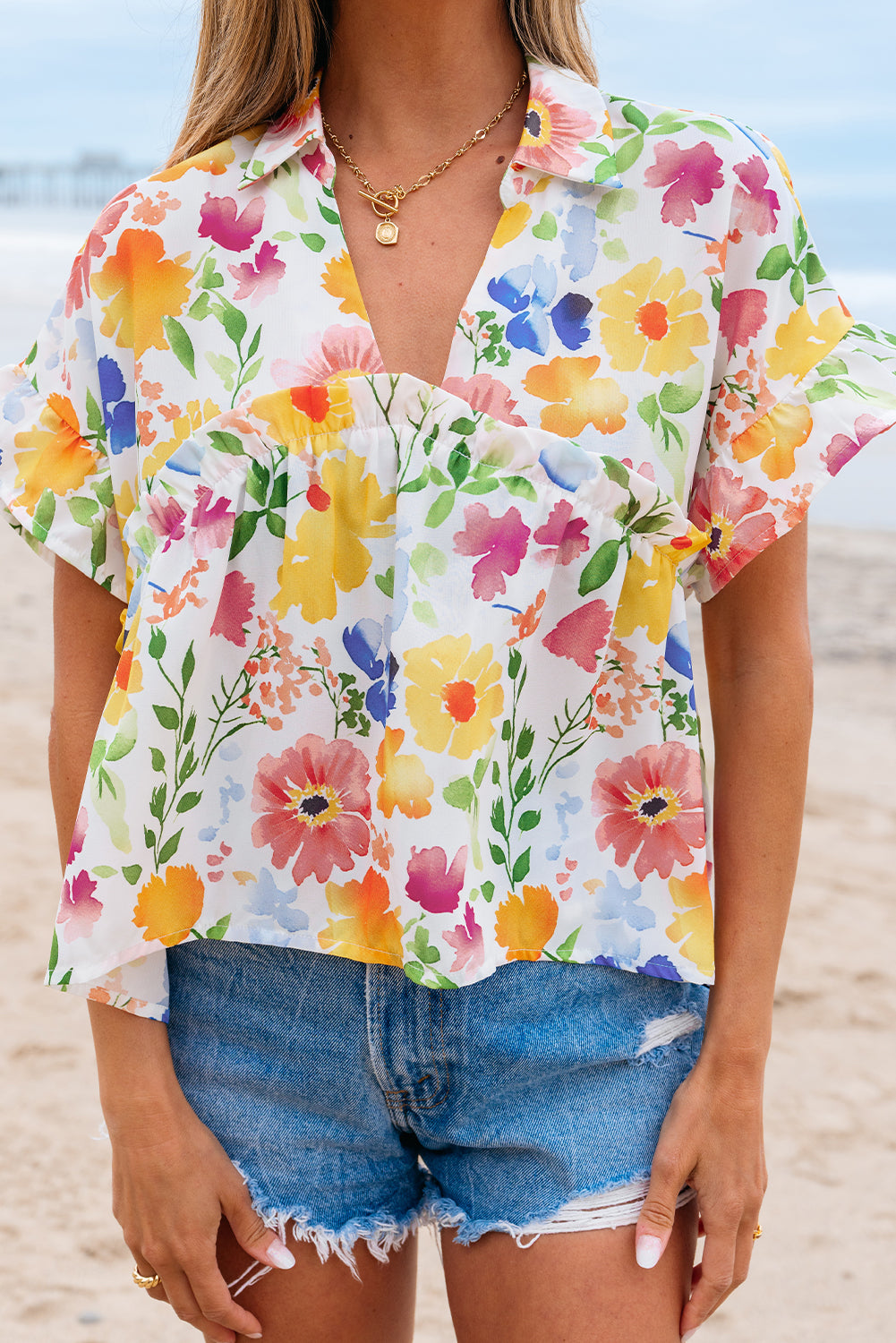 Pink Floral Boxy Fit Ruffled Short Sleeve V Neck Blouse