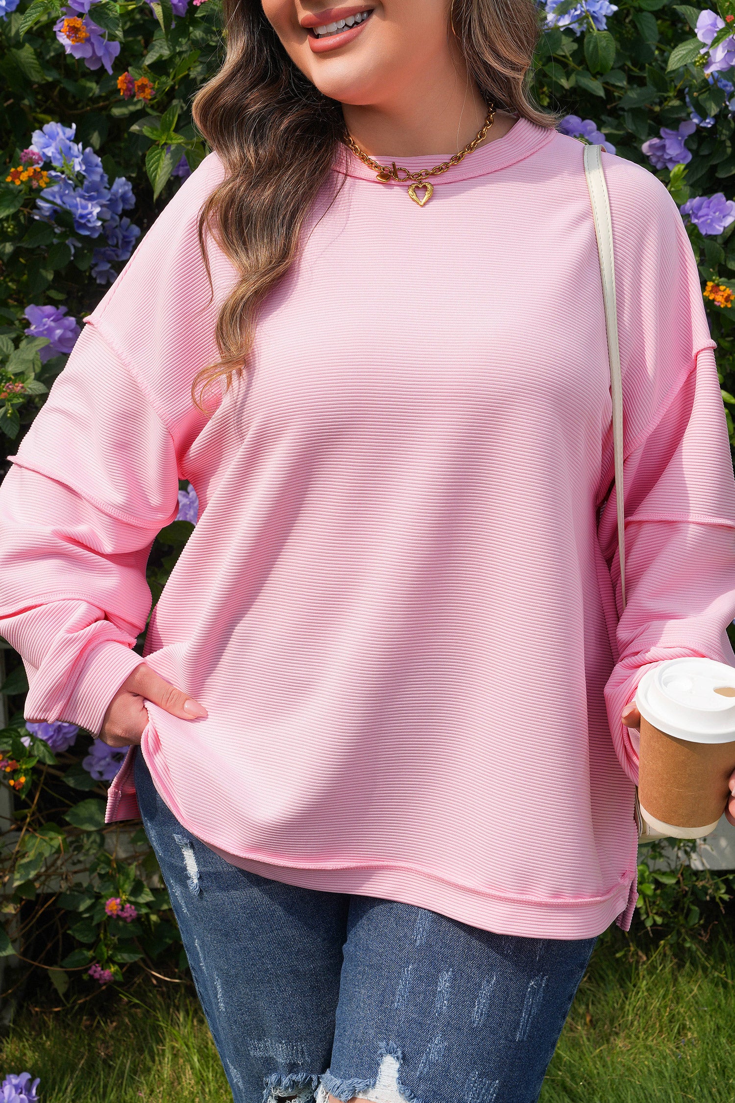 Lavendula Horizontal Ribbed Exposed Seam Detail Drop Shoulder Baggy Pullover