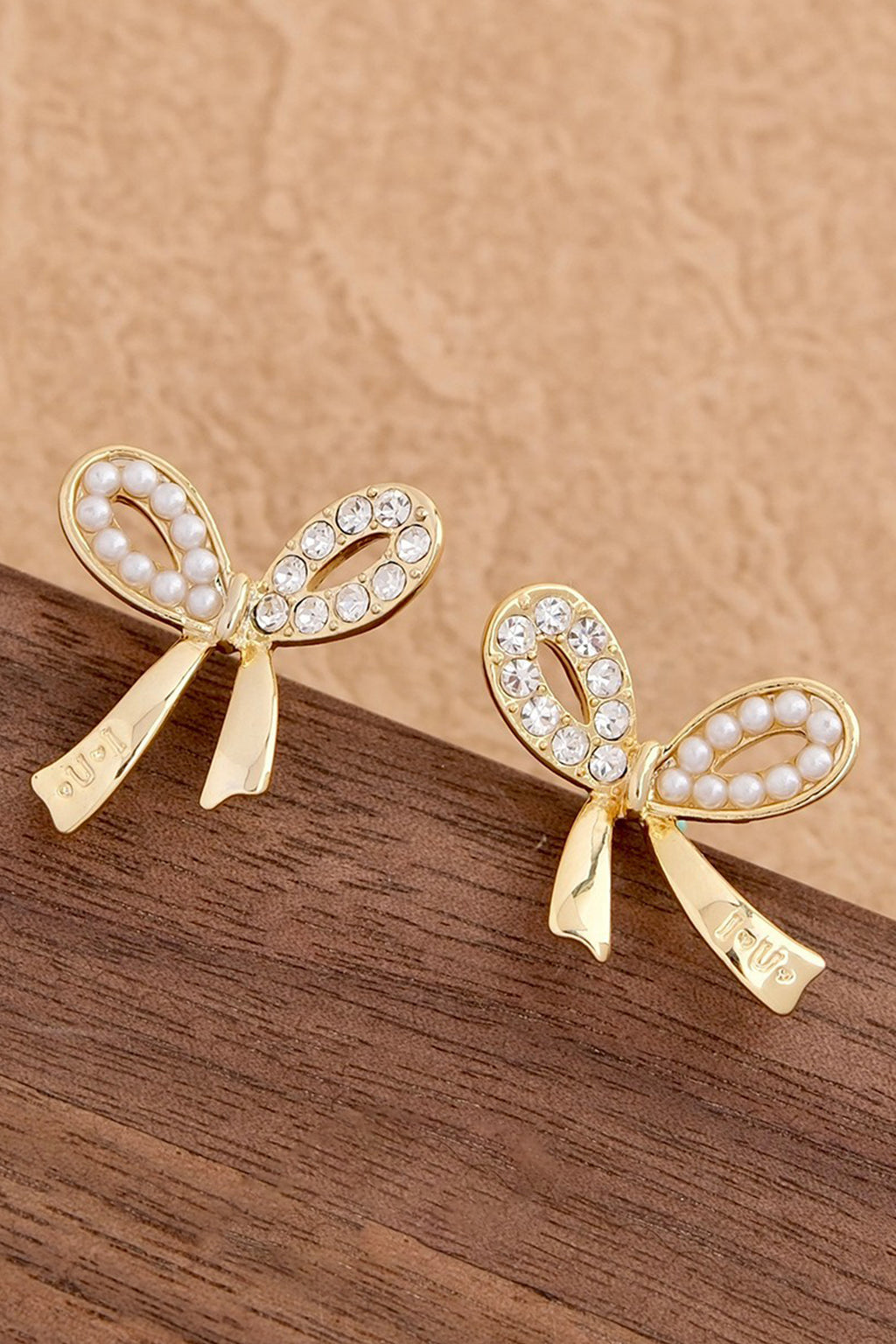 Gold Rhinestone Pearl Bow Earrings