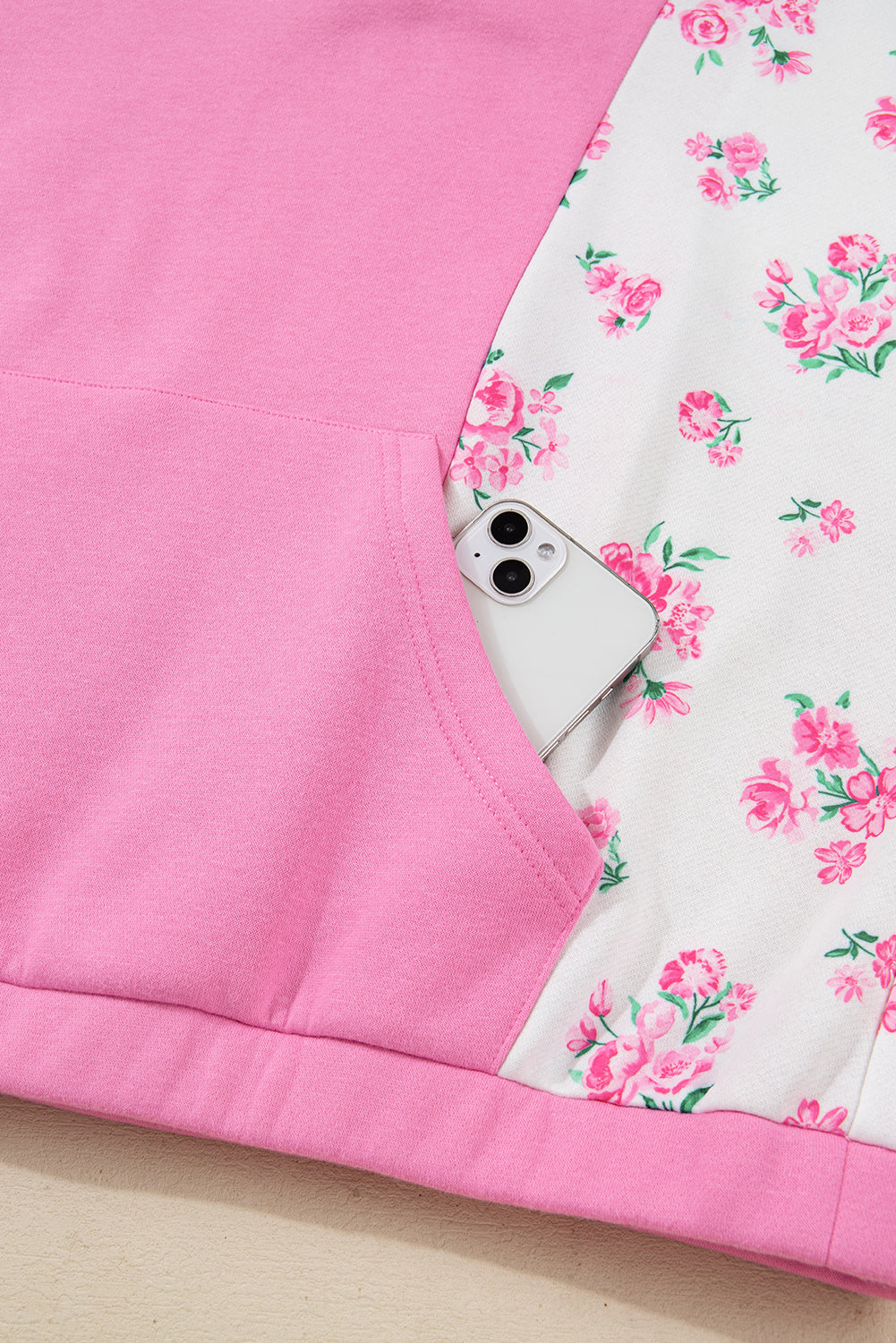 Pink Plus Size Contrast Polo Collar Floral Patchwork Elastic Cuffs Long Sleeve Top