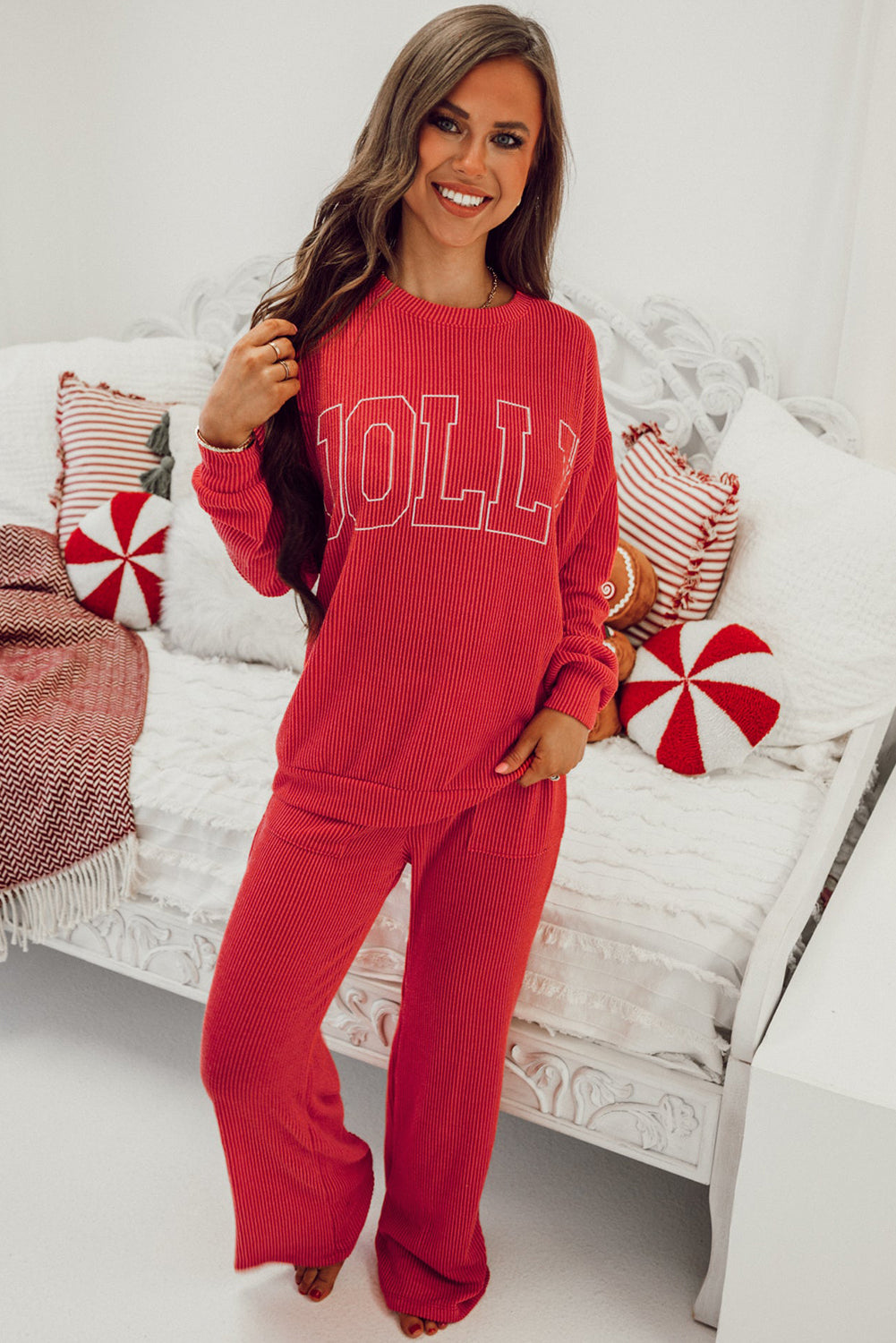 Black MERRY Corded Long Sleeve Top and Pockets Pants Set