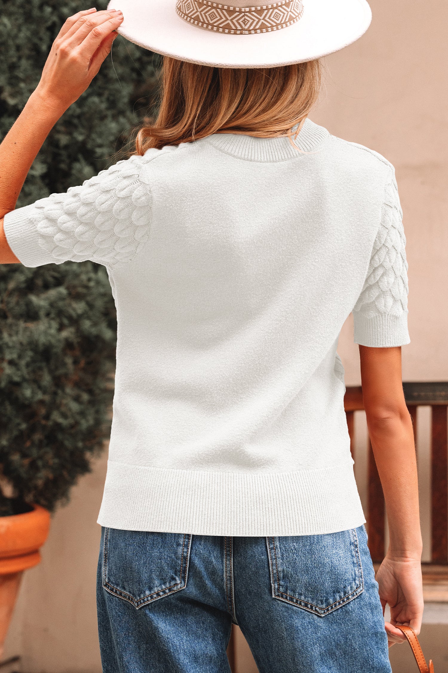 Straw Yellow Fish Scale Textured Knit Ribbed Crew Neck Short Sleeve Sweater