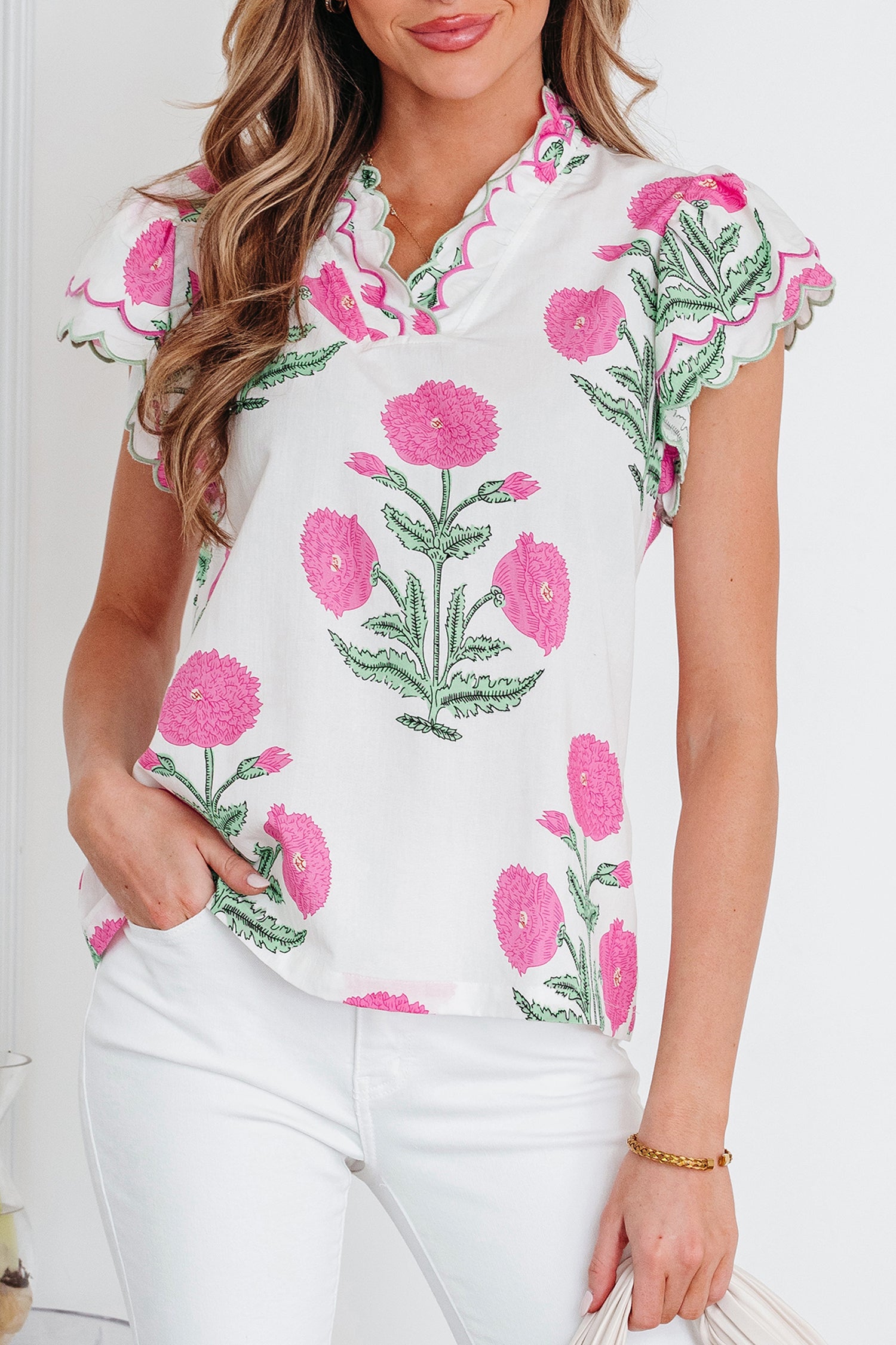 Blue Wild Flower Print Contrast Trim Scallop Detail Short Sleeve Blouse