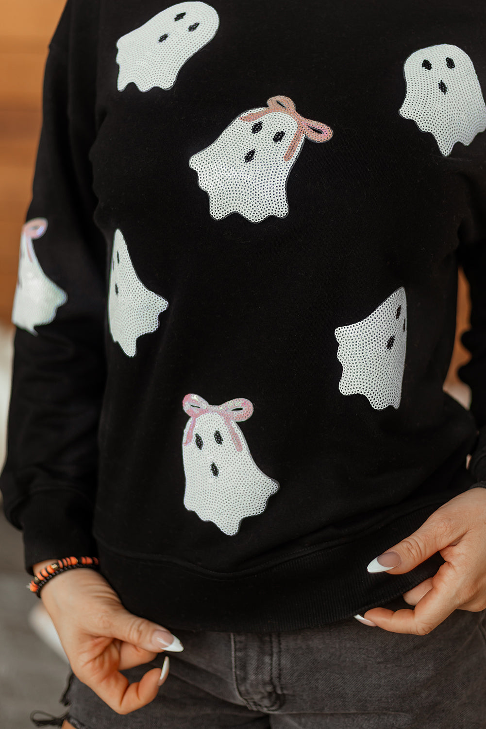 Wisteria Glitter Trim Chenille Ghost Patched Halloween Graphic Tee