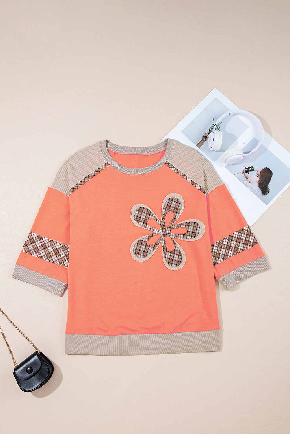 Grapefruit Orange Plaid Flower Waffle Patched Plus Size 3/4 Sleeve Top