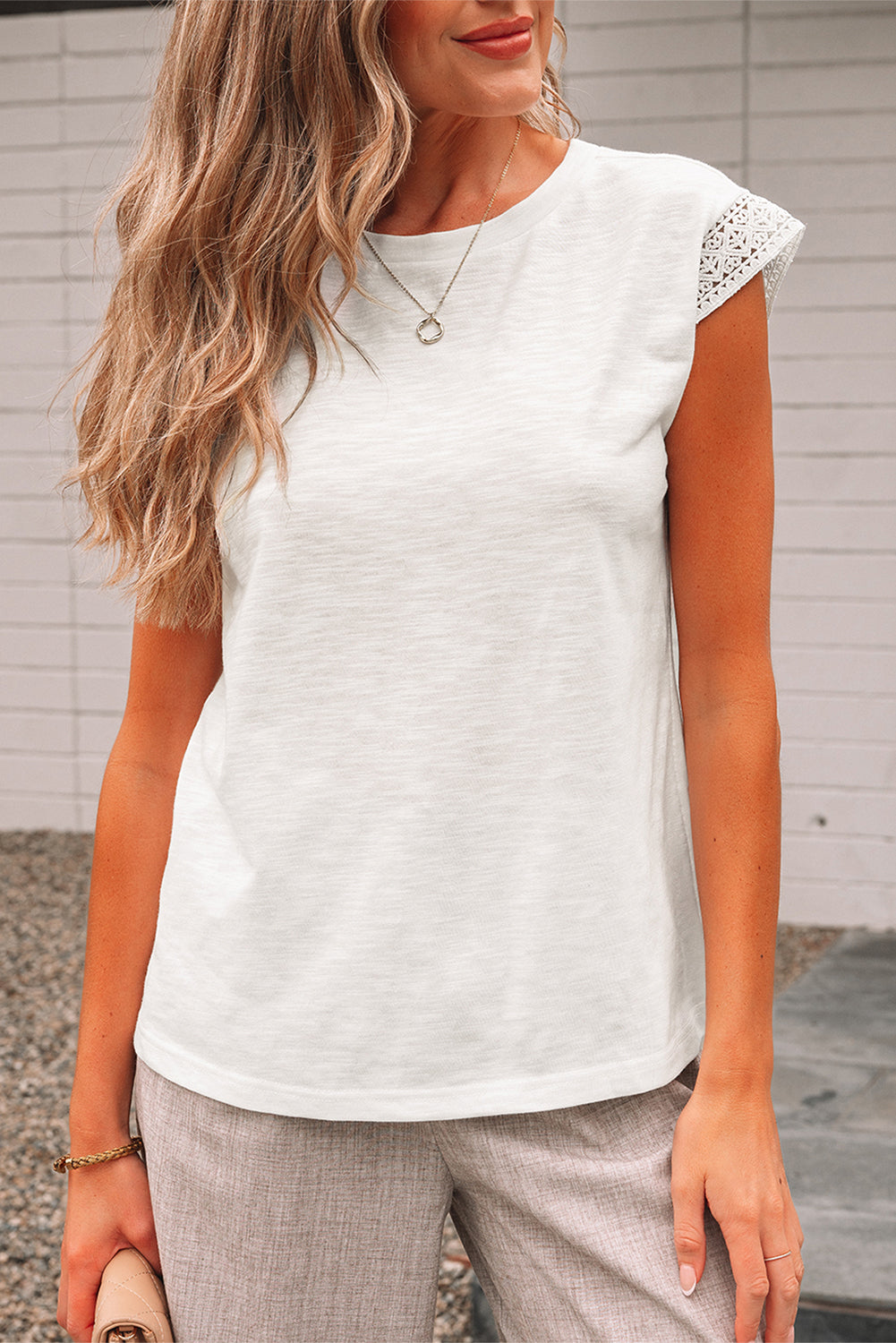 Yellow Cream Lace Patchwork Cap Sleeve Round Neck T Shirt