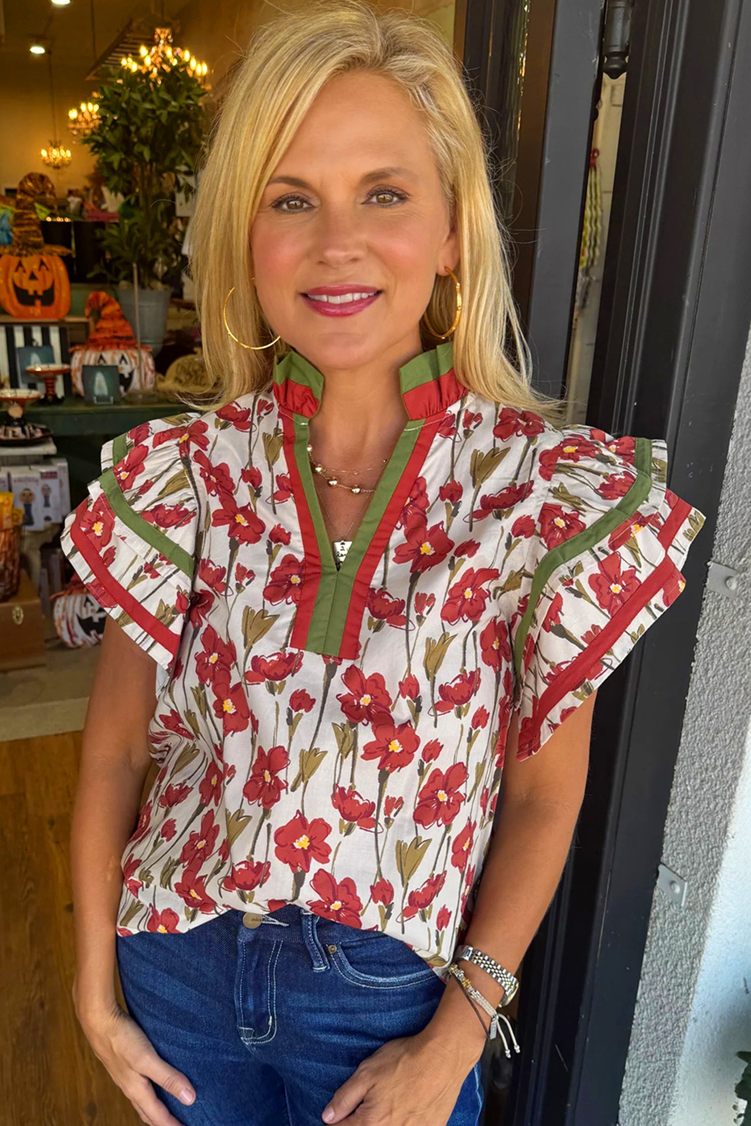 Pink Floral Print Contrast Trim V Neck Double Ruffled Short Sleeve Blouse