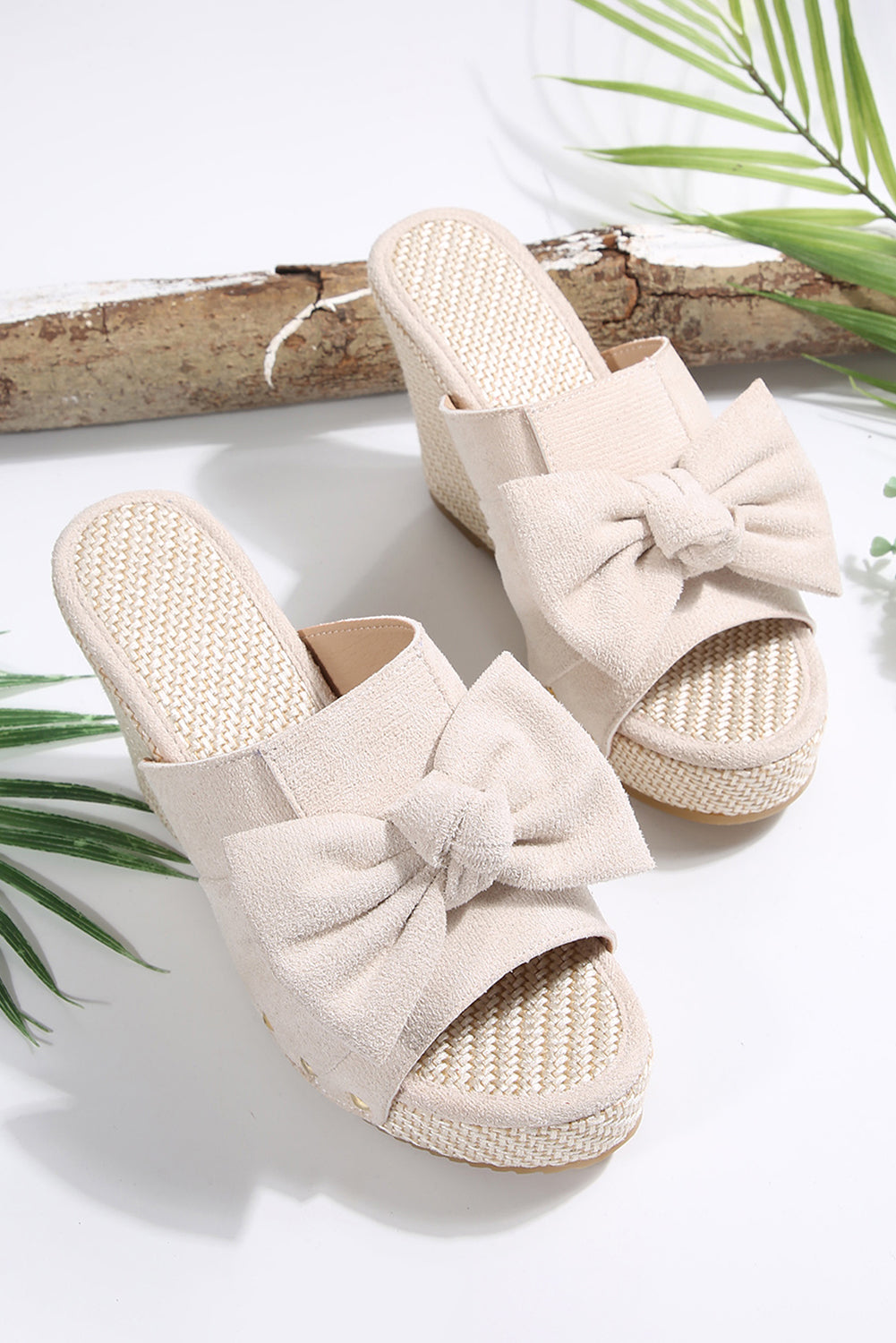 White Bow Knot Decor Faux Suede Woven Wedge Slippers