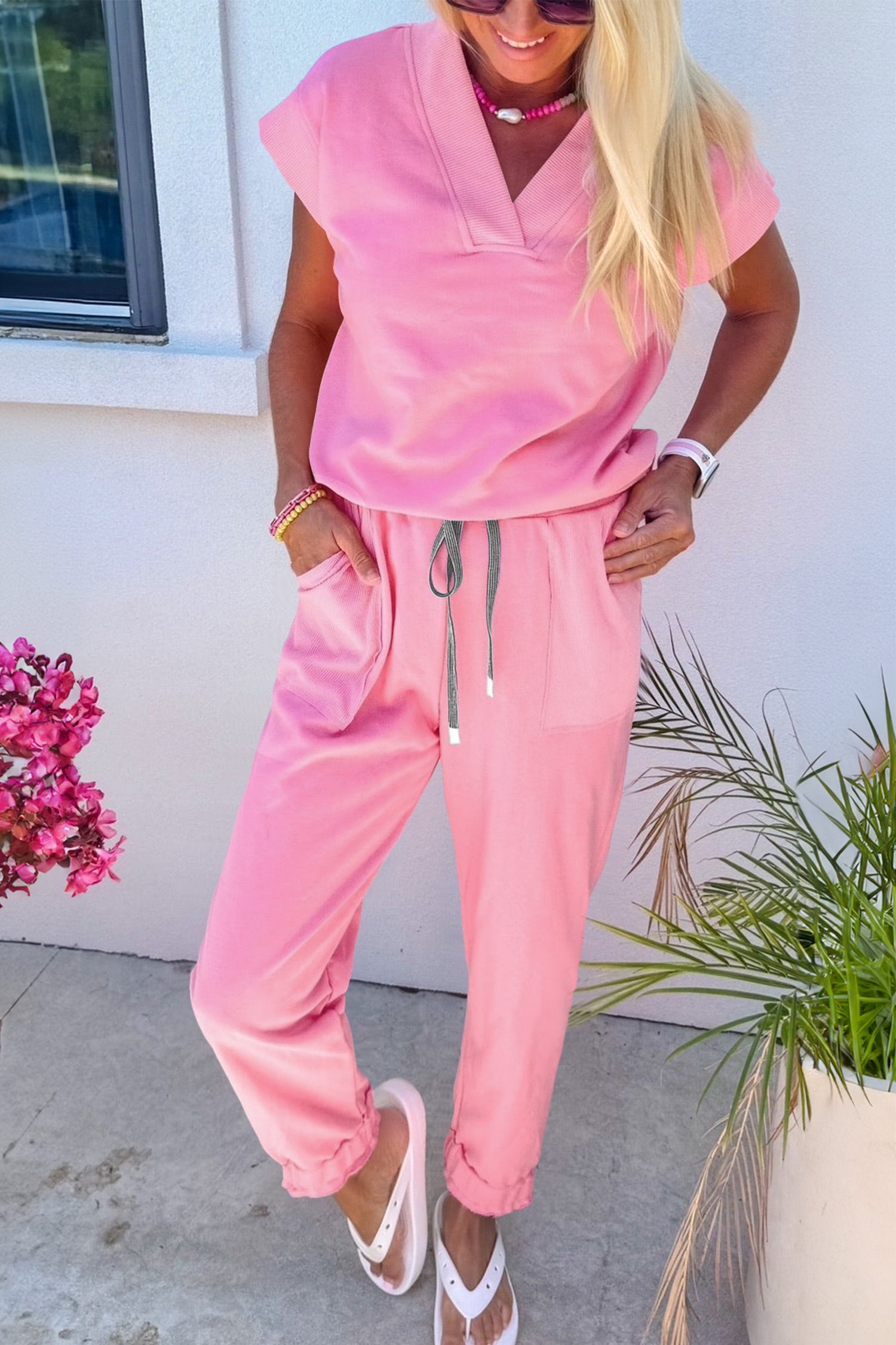 Mist Blue Solid Color Loose Tee Drawstring Wide Leg Pants 2pcs Outfit