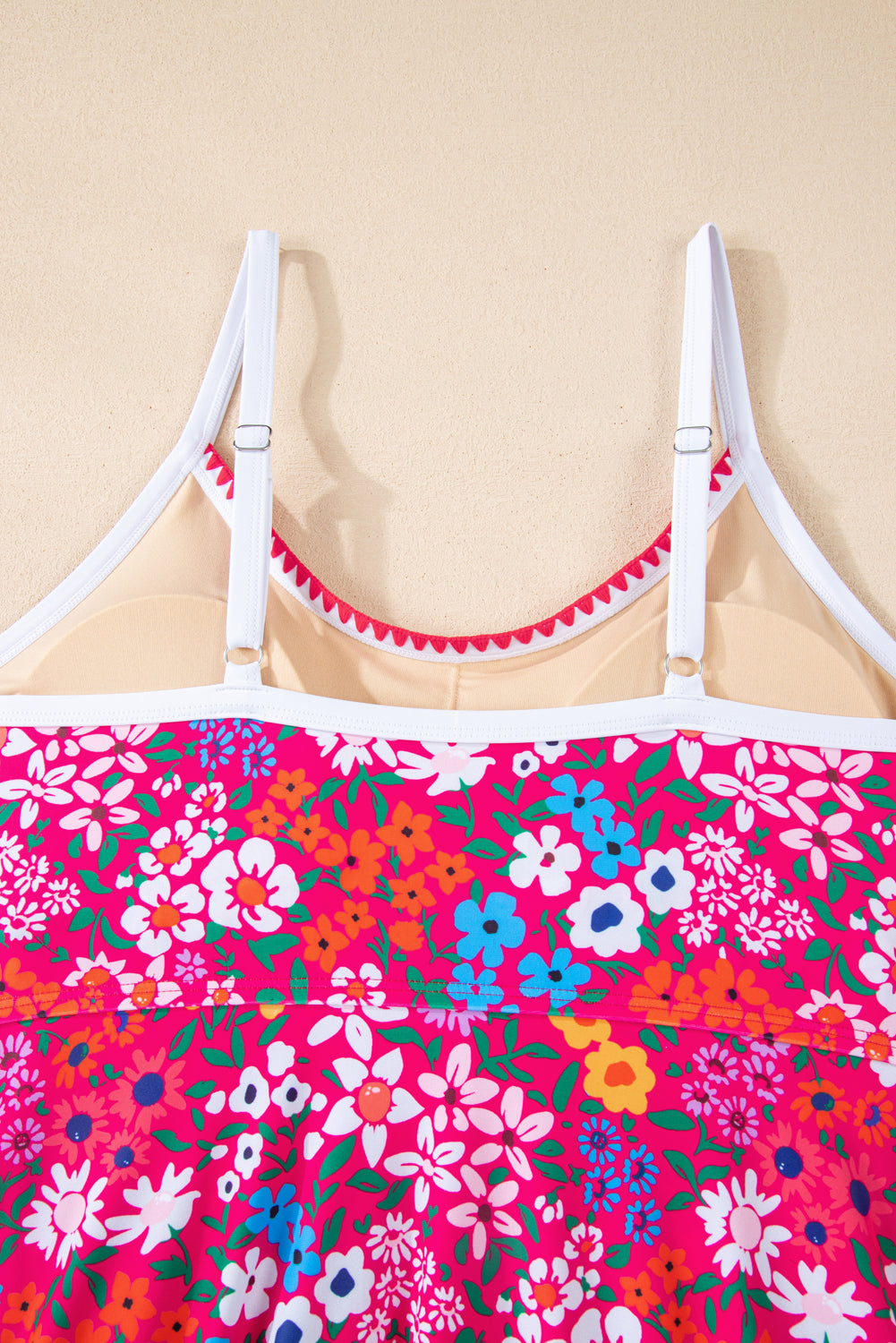 Red Floral Print Ricrac Trim Spaghetti Strap One Piece Swim Dress