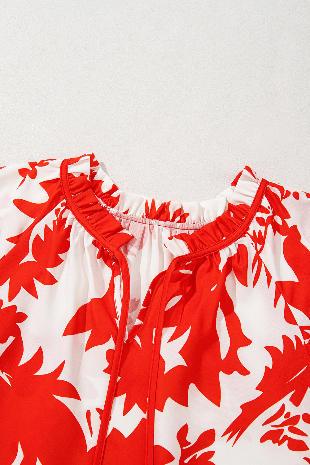 Red Floral Print Trimmed V Neck Ruffle Sleeve Long Dress