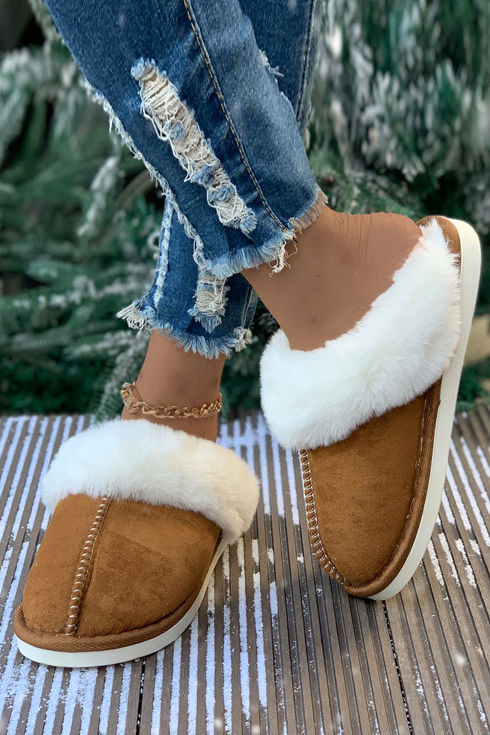 Khaki Cut and Sew Faux Suede Plush Lined Slippers