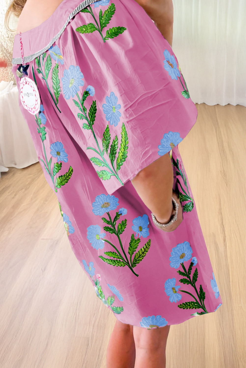 Apricot Floral Short Sleeve Split Neck Loose Mini Dress