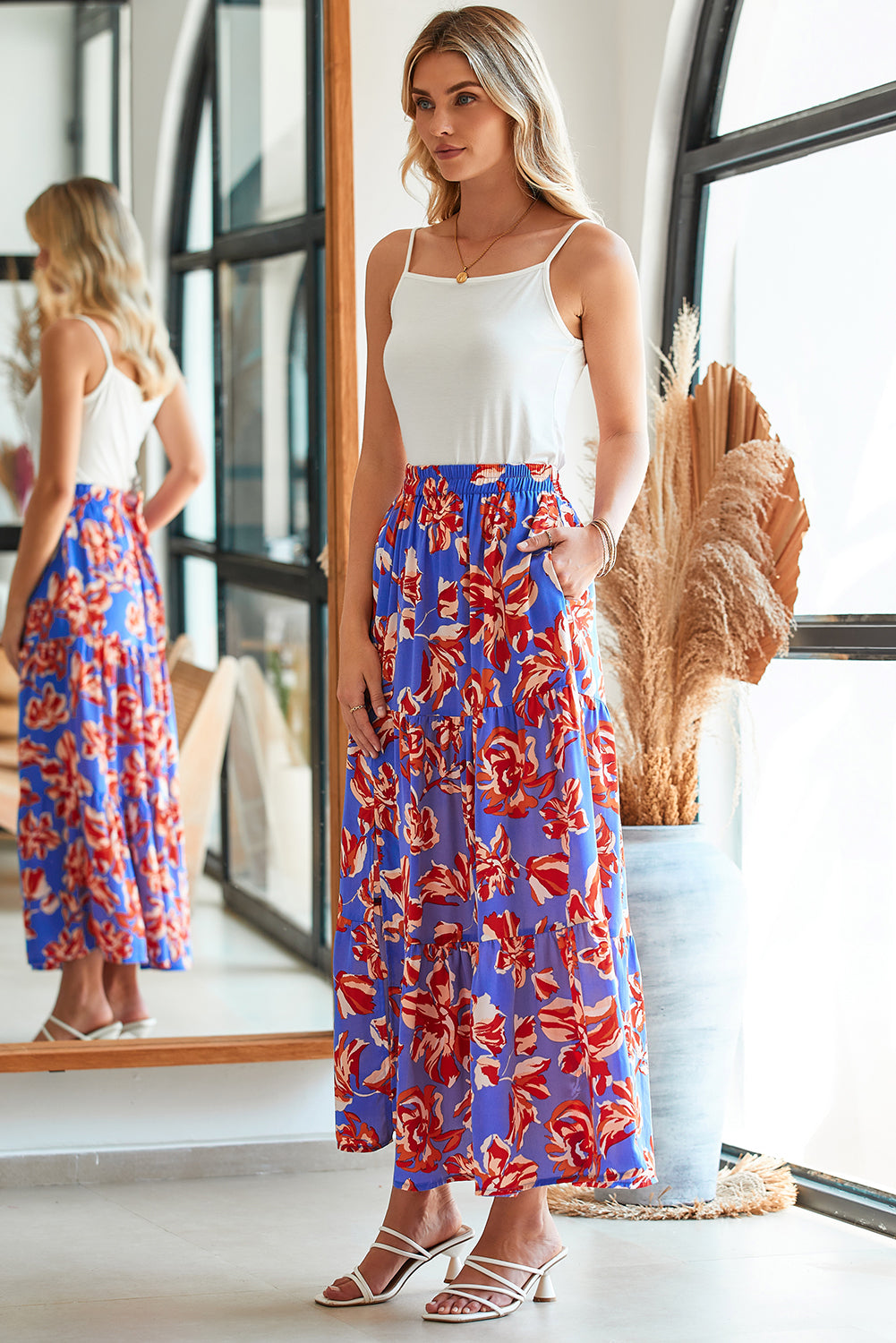 Orange Bohemian Floral Print Tiered Maxi Skirt with Split