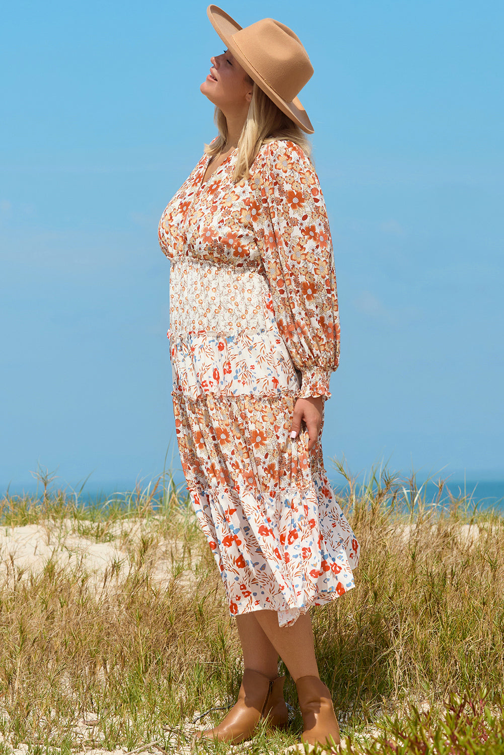 Khaki Floral Print Ruffled Tiered Long Sleeve V Neck Midi Dress