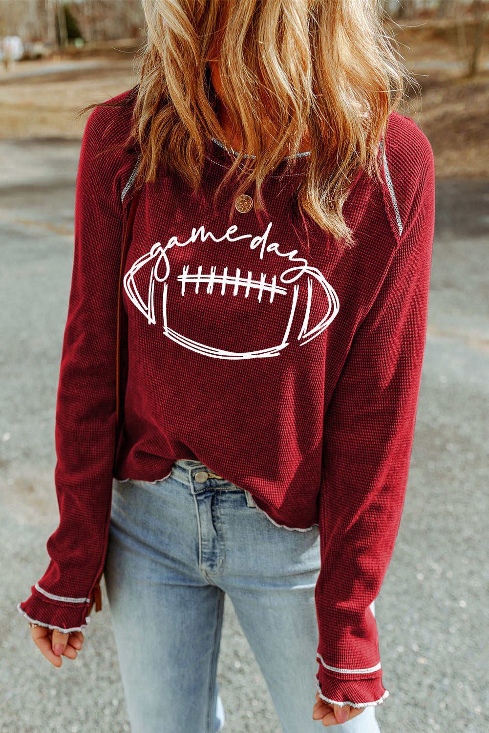 Smoke Gray Textured Round Neck Long Sleeve Top