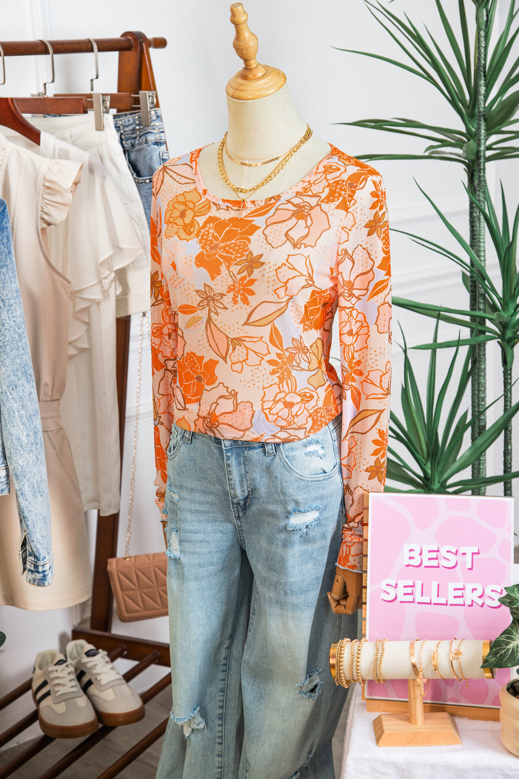 Multicolour Floral Print Lettuce Trim Slim Long Sleeve Top