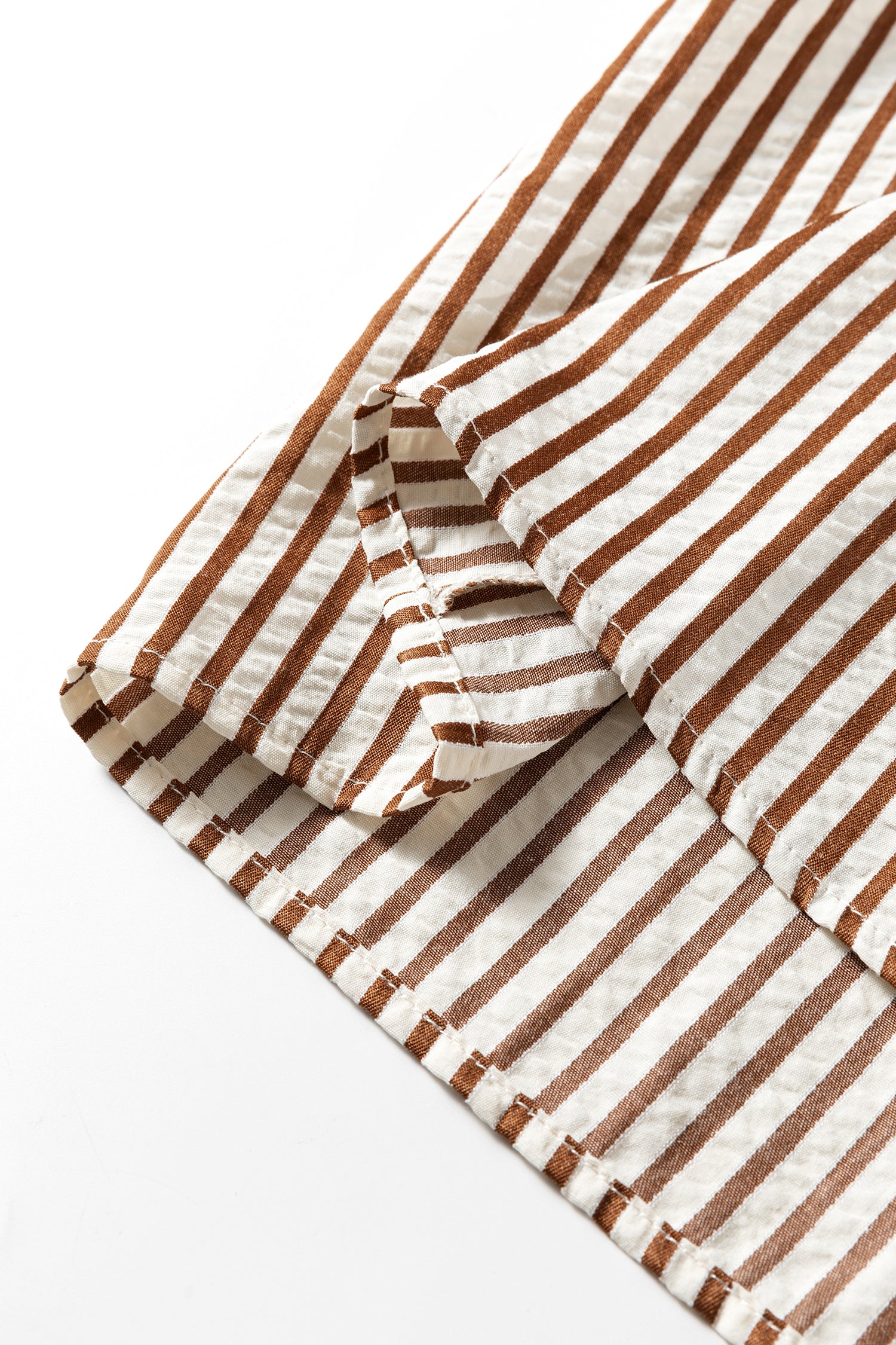 Brown Stripe Double Ruffled Short Sleeve Contrast Trim V Neck Midi Dress