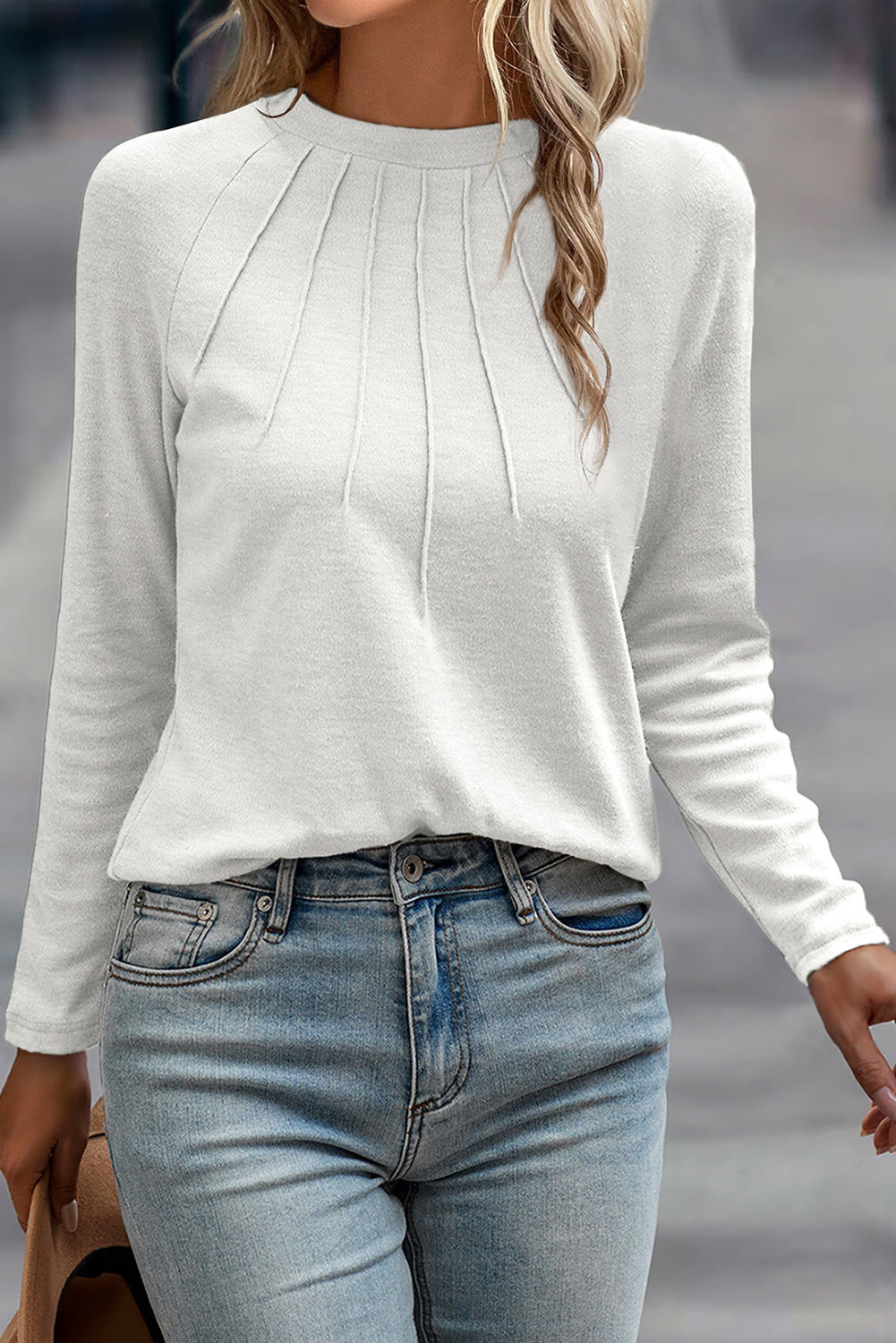 Navy Blue Solid Color Seam Detail Raglan Long Sleeve Top