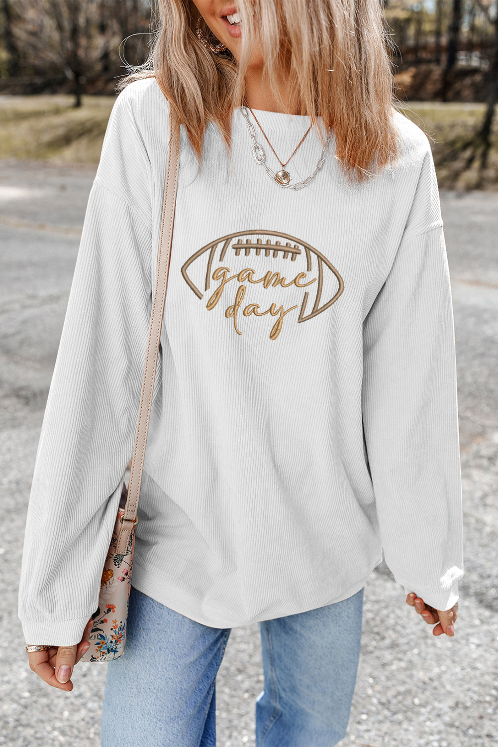 Apricot Rugby Game Day Embroidered Corduroy Sweatshirt