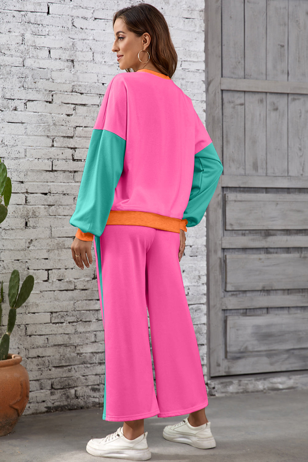 Apricot 2pcs Color Block Pullover Loose Pant Set