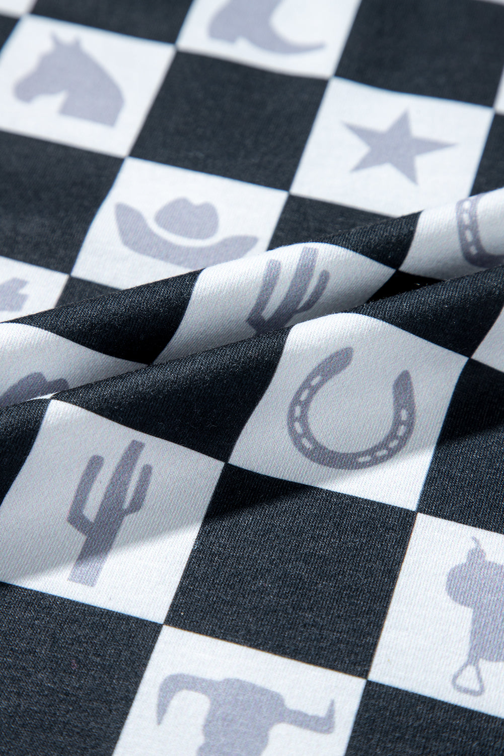 Black Western Fashion Checkerboard Print Side Split T Shirt