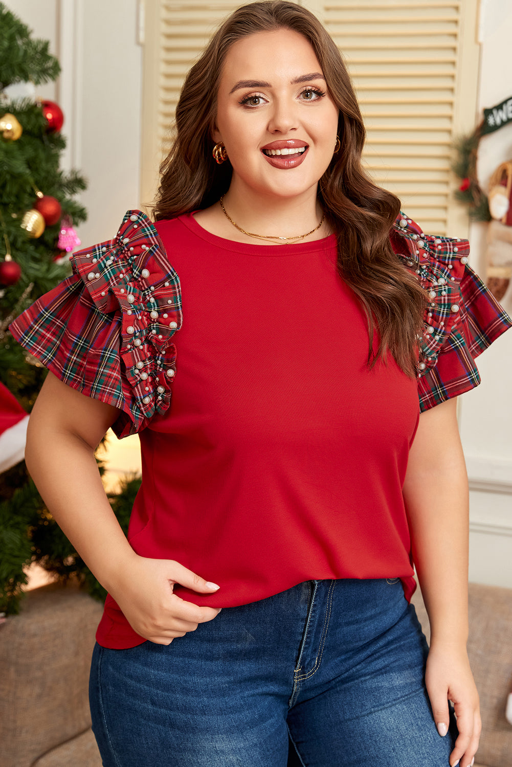 Red Festive Plaid Pearl Embellished Ruffle Short Sleeve Blouse