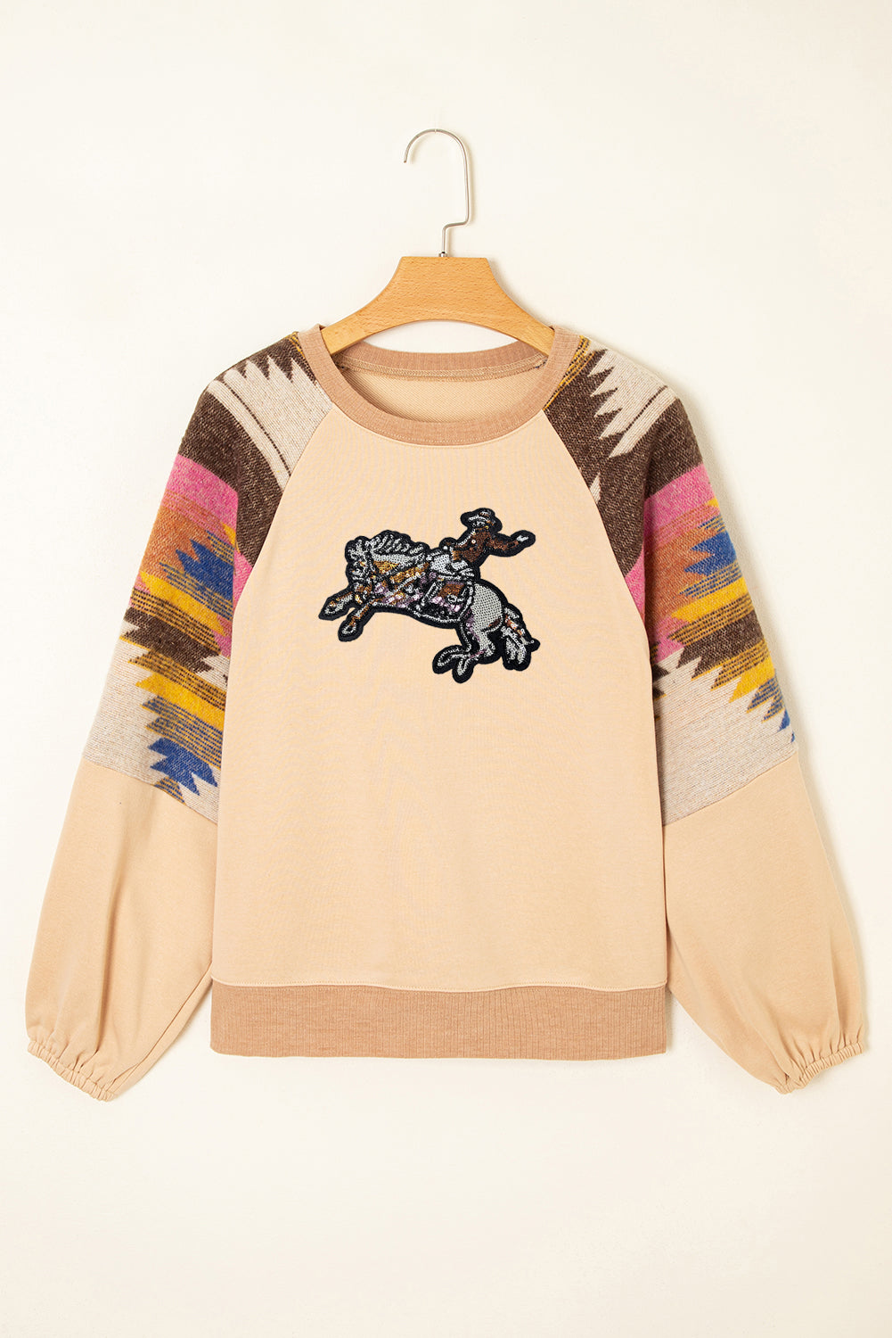 Light French Beige Aztec Patchwork Raglan Pullover Sweatshirt