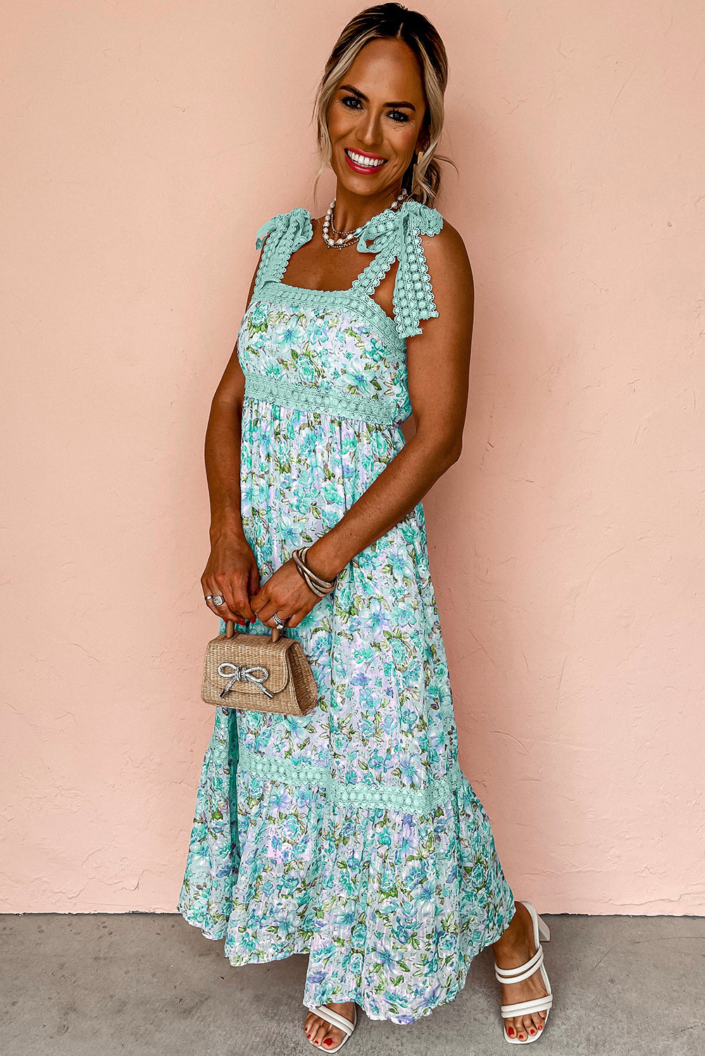 Pink Floral Lace Tied Strap Empire Waist Maxi Dress