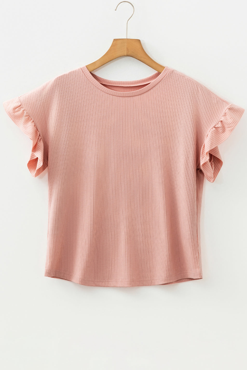 Blackish Green Solid Color Ribbed Ruffled Short Sleeve T Shirt